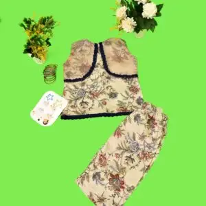 Girls' Earthy Brown Floral Frock & Trouser Set with Contrast Waistcoat Detail – RAB 112