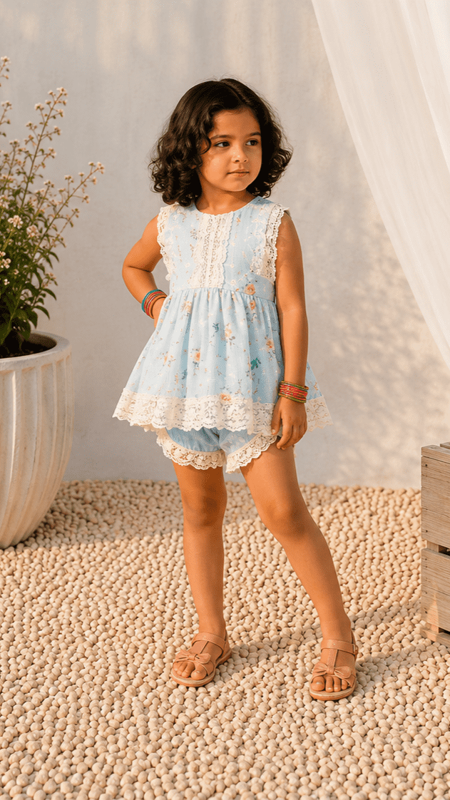 Girls' Sky Blue Floral Embroidered Frock & Ruffle Lace Bloomer Set – RAB 154