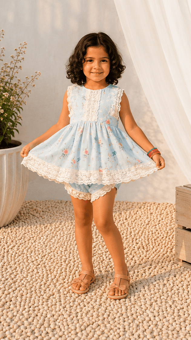 Girls' Sky Blue Floral Embroidered Frock & Ruffle Lace Bloomer Set – RAB 154 - Image 2