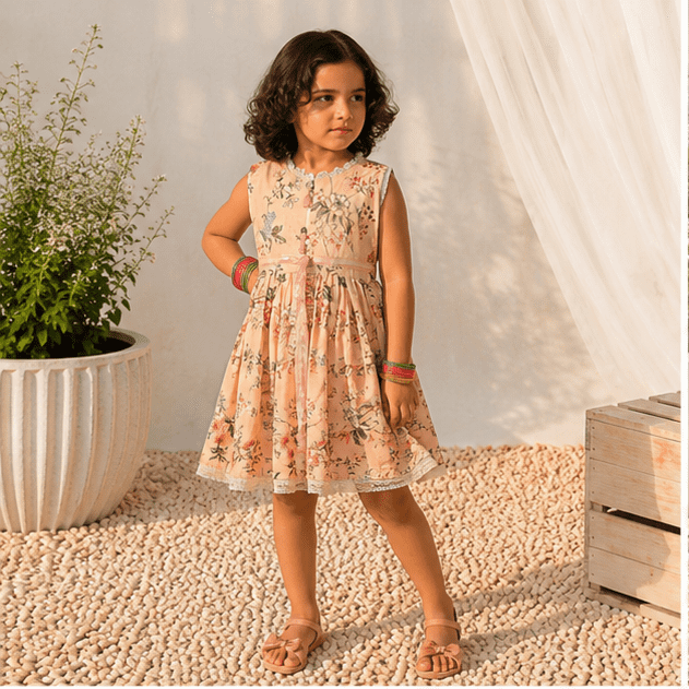 Girls' Floral Print Peach-Pink Frock Set with Tassels & Matching Trousers – RAB 153
