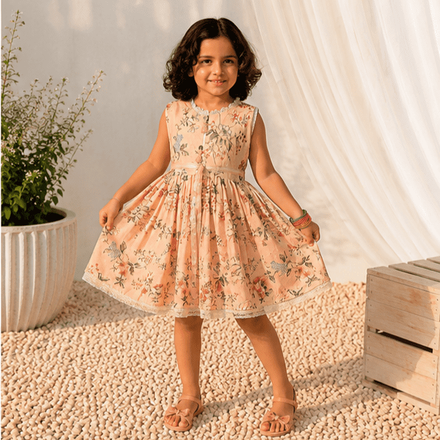 Girls' Floral Print Peach-Pink Frock Set with Tassels & Matching Trousers – RAB 153 - Image 3