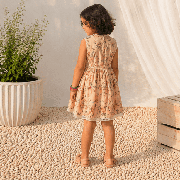 Girls' Floral Print Peach-Pink Frock Set with Tassels & Matching Trousers – RAB 153 - Image 2
