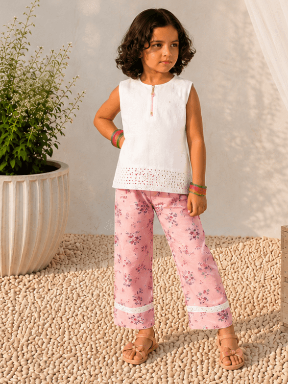 Girls' White Chikan Kari Lawn Top & Pink Floral Trouser Set with Matching Headband – RAB 140 - Image 2