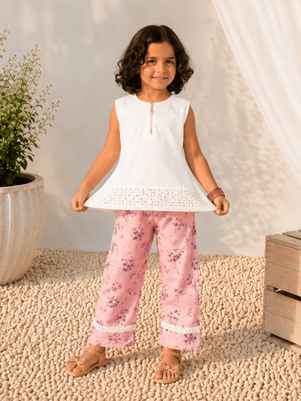 Girls' White Chikan Kari Lawn Top & Pink Floral Trouser Set with Matching Headband – RAB 140 - Image 3
