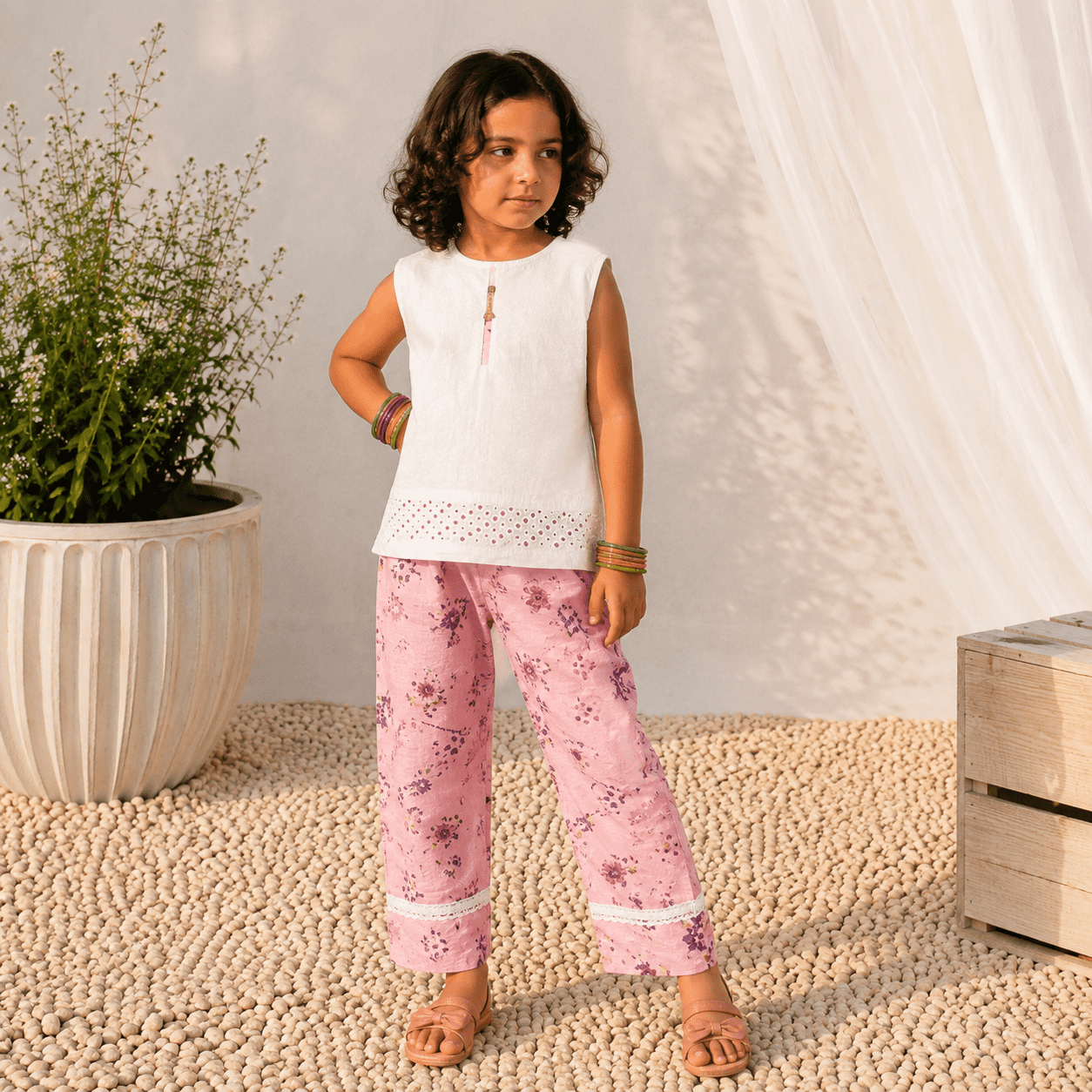 Girls' White Chikan Kari Lawn Top & Pink Floral Trouser Set with Matching Headband – RAB 140