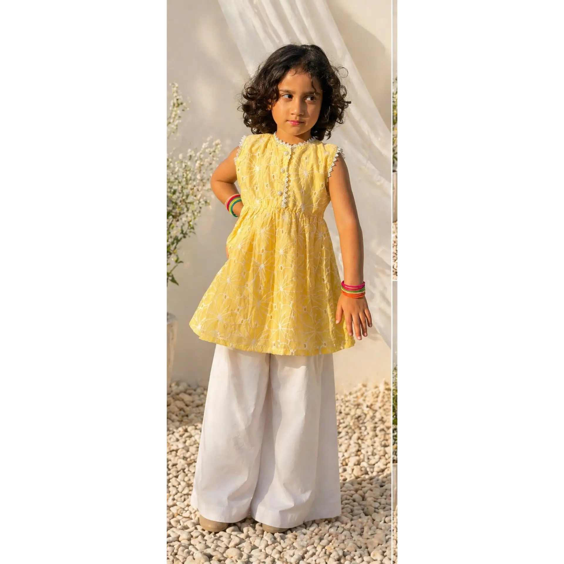Girls' Sunny Yellow Chikan Silk Embroidered Frock & Trouser 2 Piece Set – RAB 123