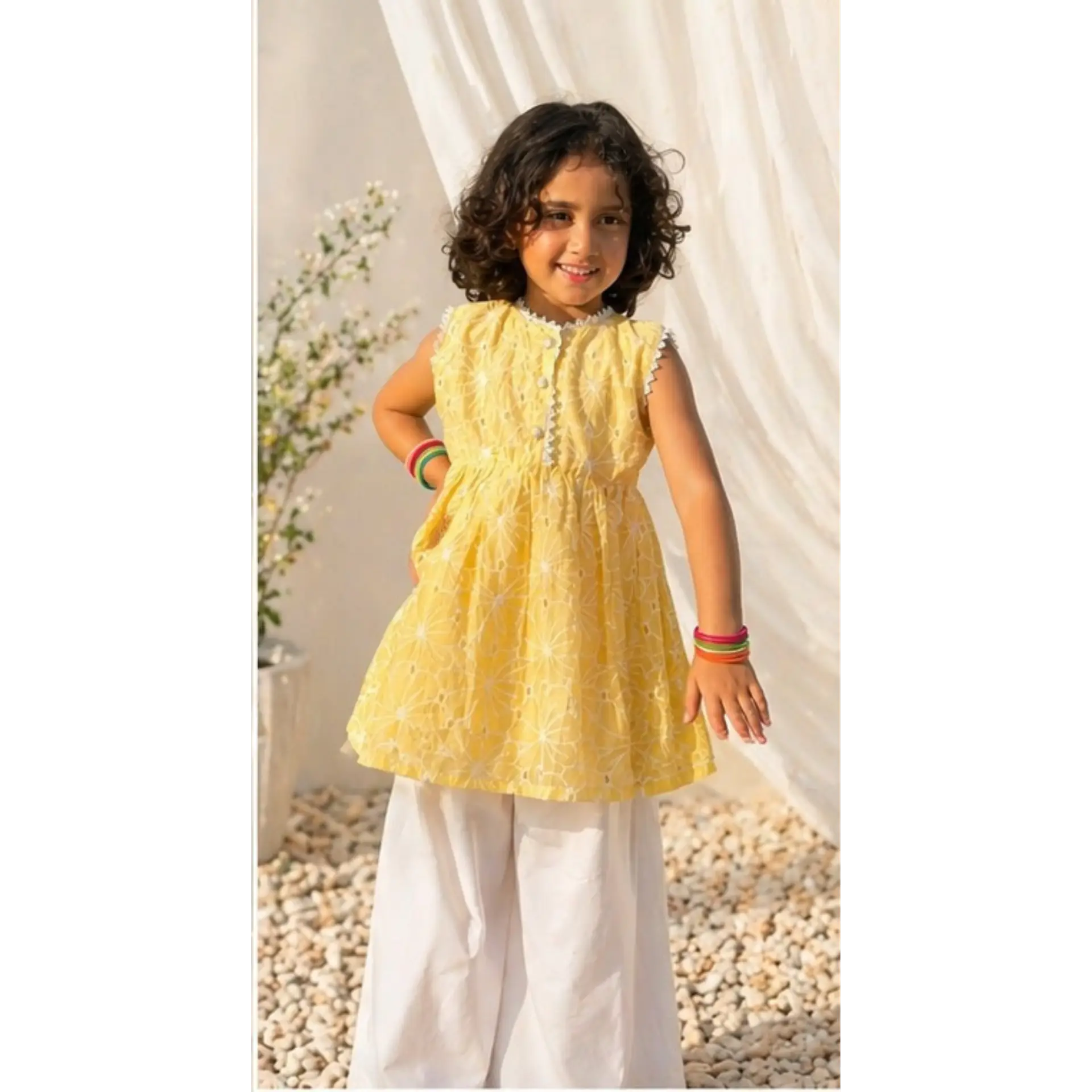 Girls' Sunny Yellow Chikan Silk Embroidered Frock & Trouser 2 Piece Set – RAB 123 - Image 2