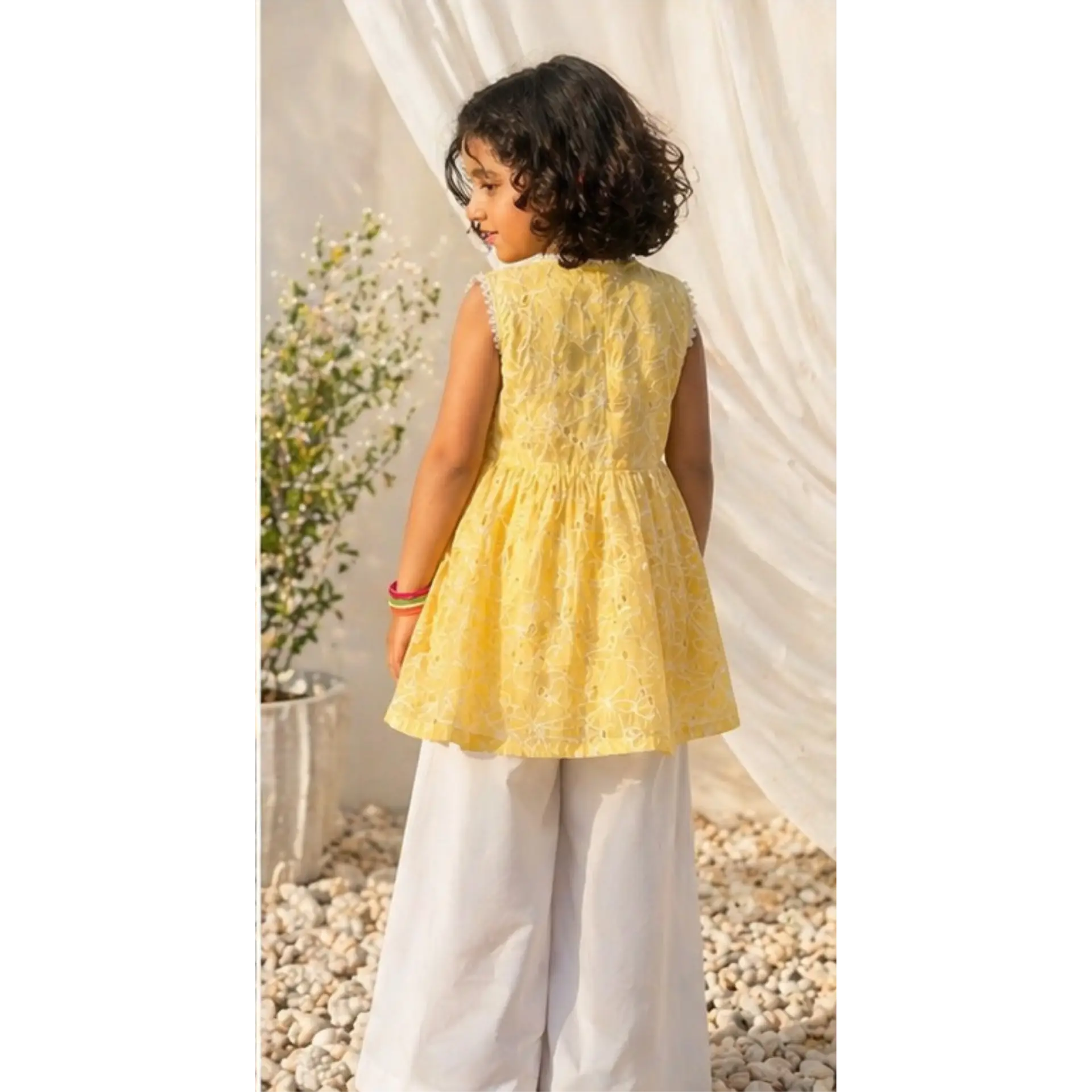 Girls' Sunny Yellow Chikan Silk Embroidered Frock & Trouser 2 Piece Set – RAB 123 - Image 3