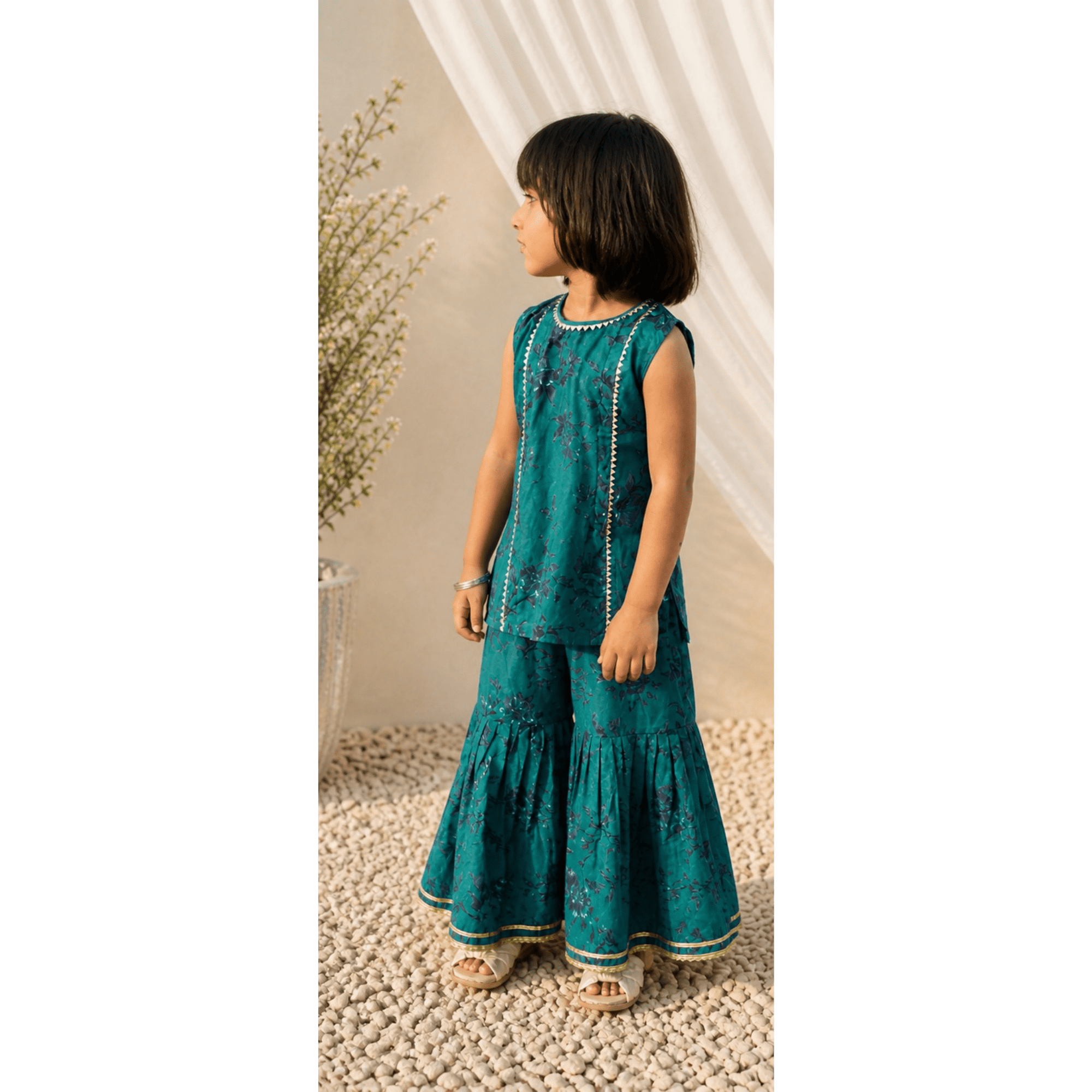 Girls' Dark Green Floral Gharara Set with Gota Lace Detailing – RAB 113 - Image 2