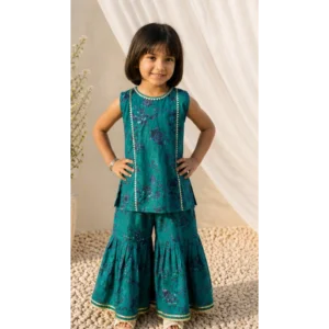 Girls' Dark Green Floral Gharara Set with Gota Lace Detailing – RAB 113