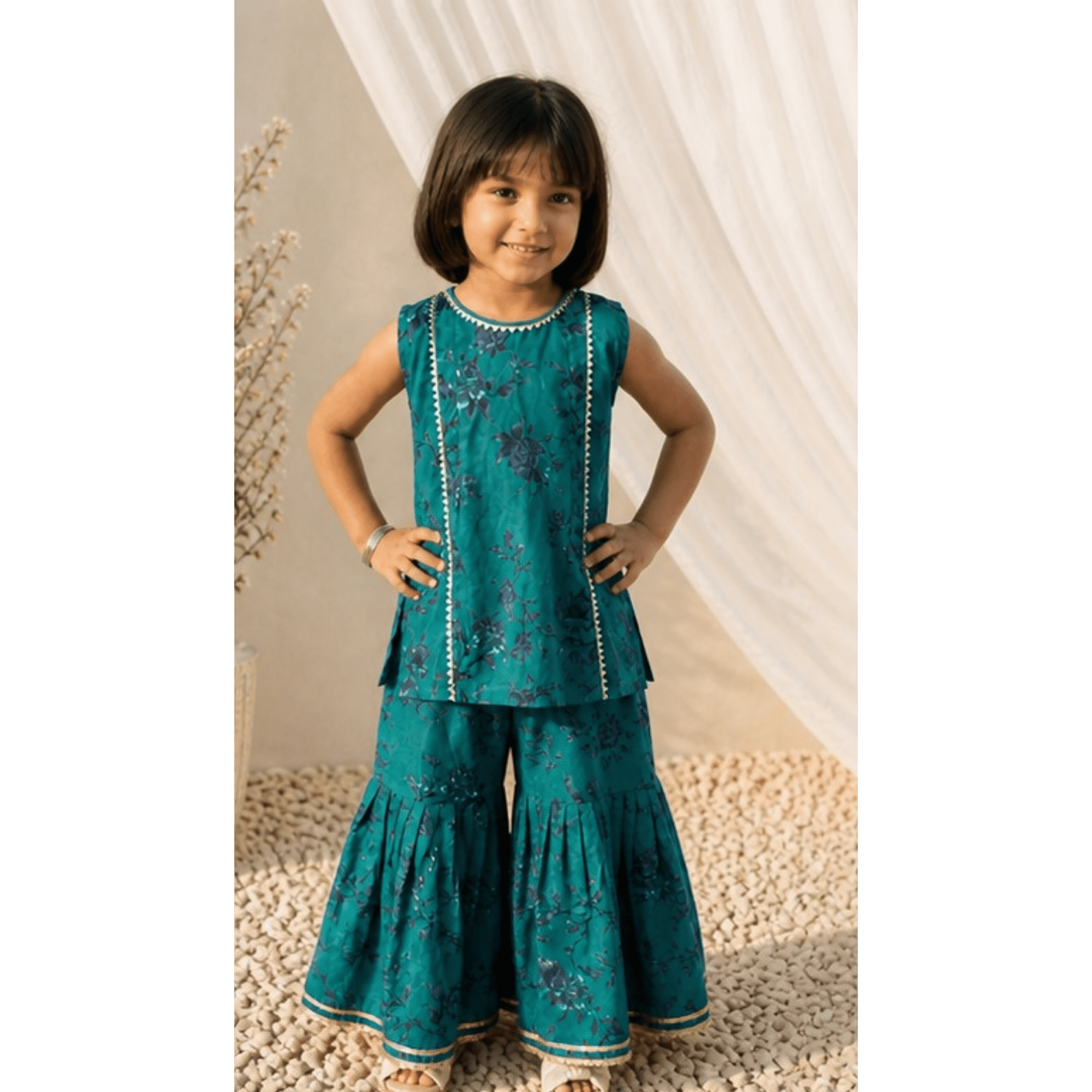 Girls' Dark Green Floral Gharara Set with Gota Lace Detailing – RAB 113