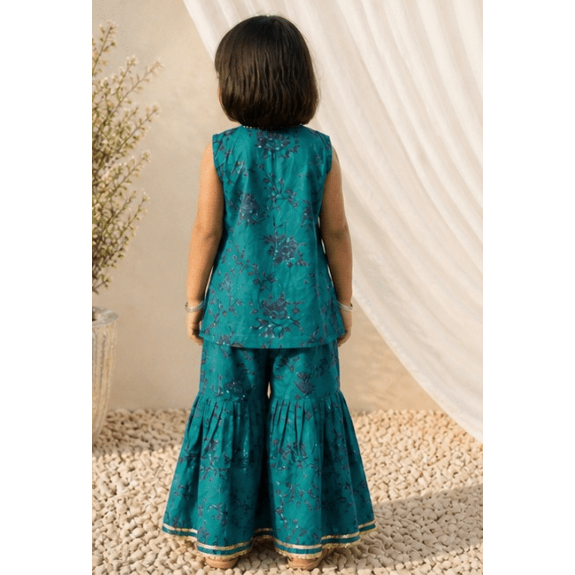 Girls' Dark Green Floral Gharara Set with Gota Lace Detailing – RAB 113 - Image 3