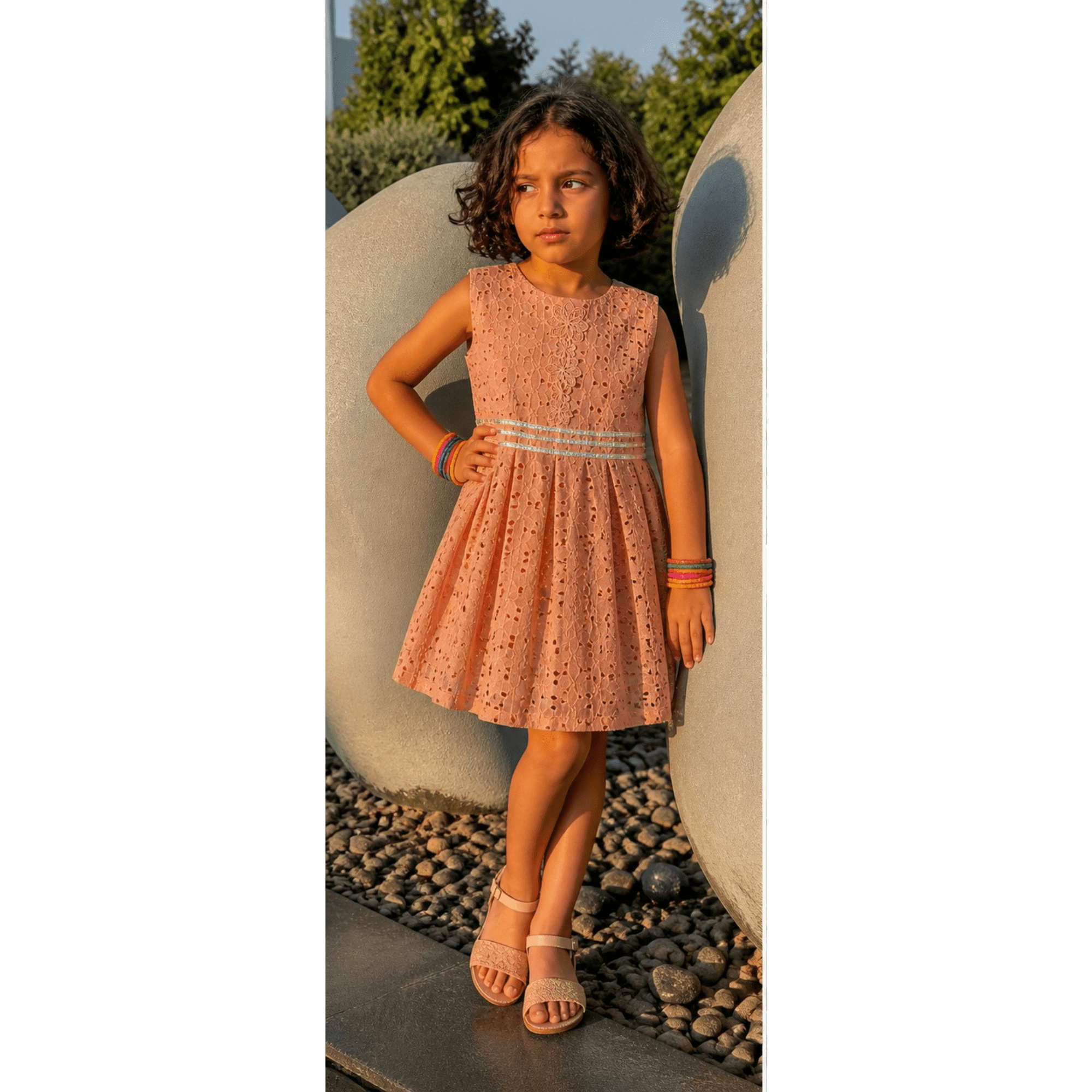 Girls' Peach Chikan Kari Lawn Frock Set with Silver Gota Lace & Box Pleats – RAB 128