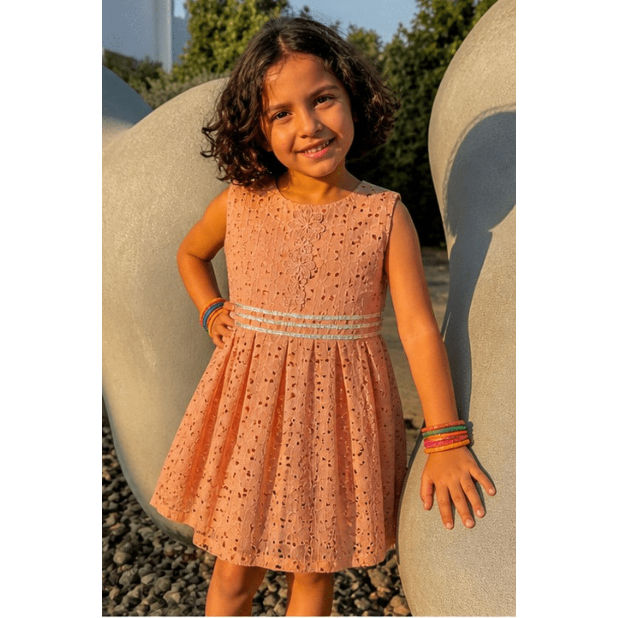 Girls' Peach Chikan Kari Lawn Frock Set with Silver Gota Lace & Box Pleats – RAB 128 - Image 2