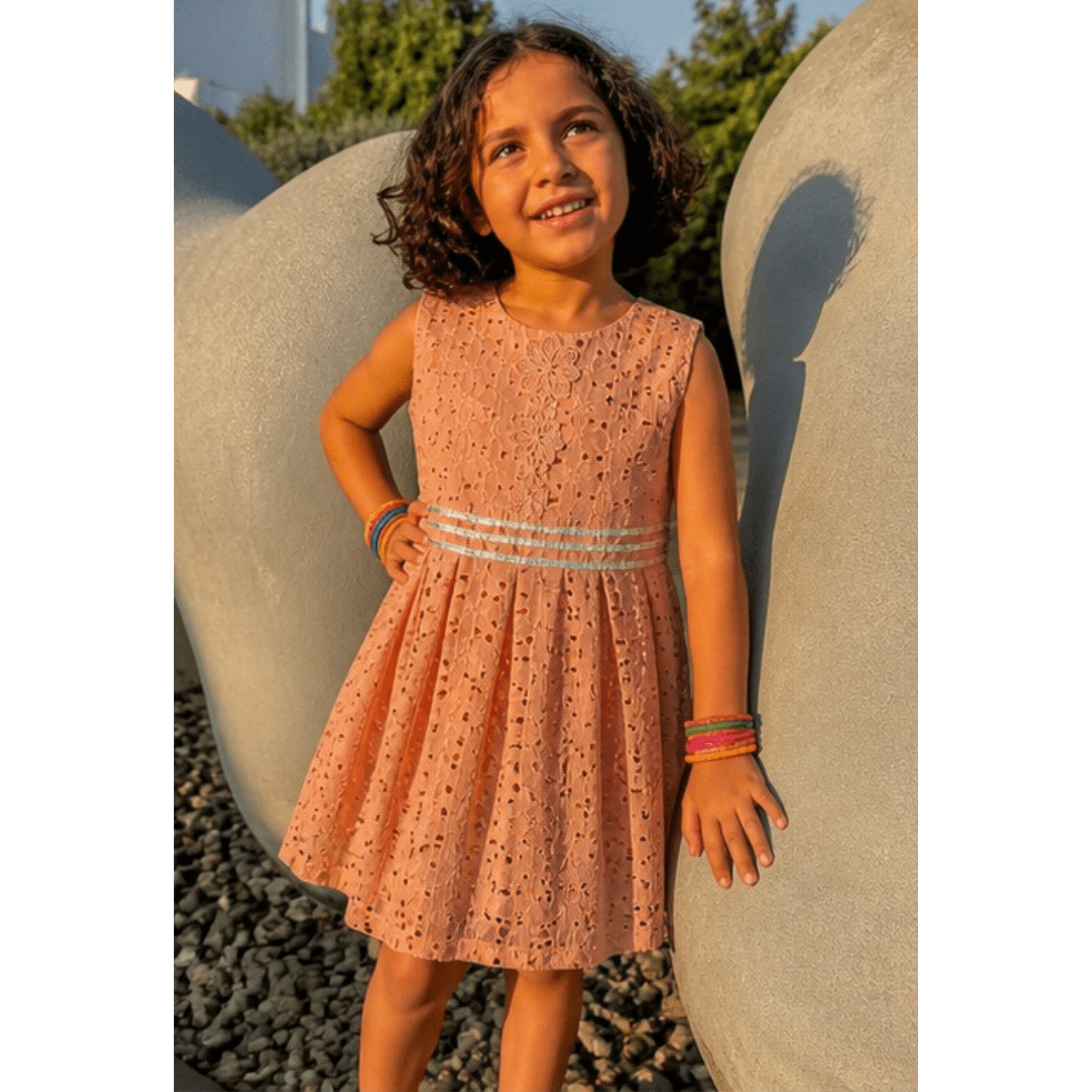 Girls' Peach Chikan Kari Lawn Frock Set with Silver Gota Lace & Box Pleats – RAB 128 - Image 3