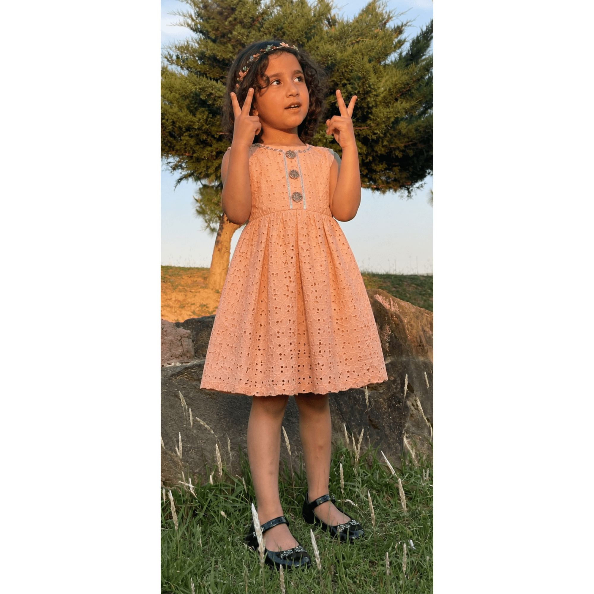 Girls' Peach Chikan Kari Frock & Nicker Set with Box Pleats – RAB 130
