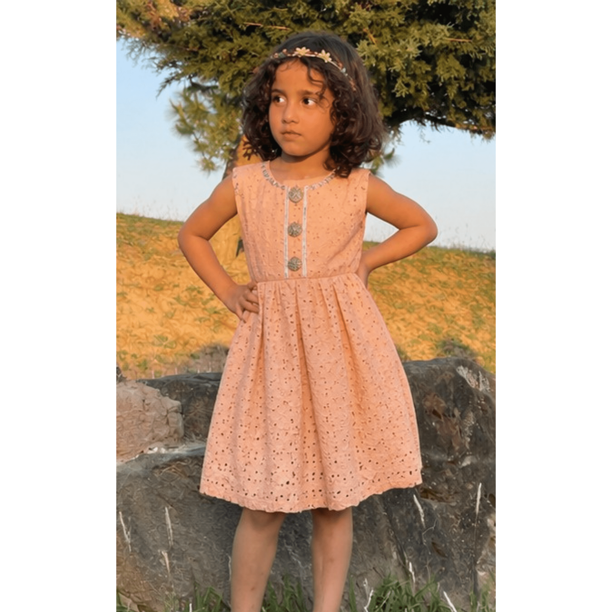 Girls' Peach Chikan Kari Frock & Nicker Set with Box Pleats – RAB 130 - Image 2