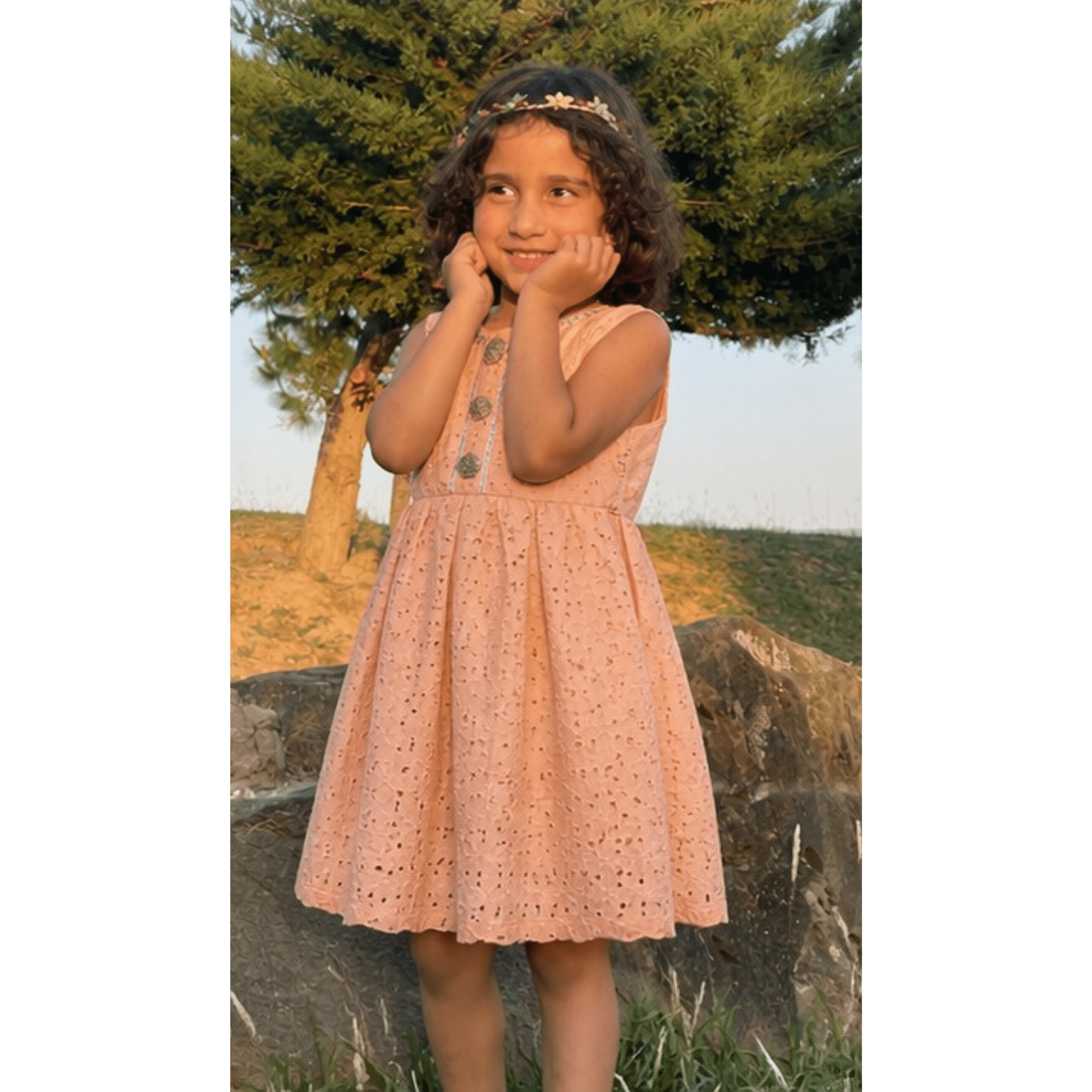 Girls' Peach Chikan Kari Frock & Nicker Set with Box Pleats – RAB 130 - Image 3