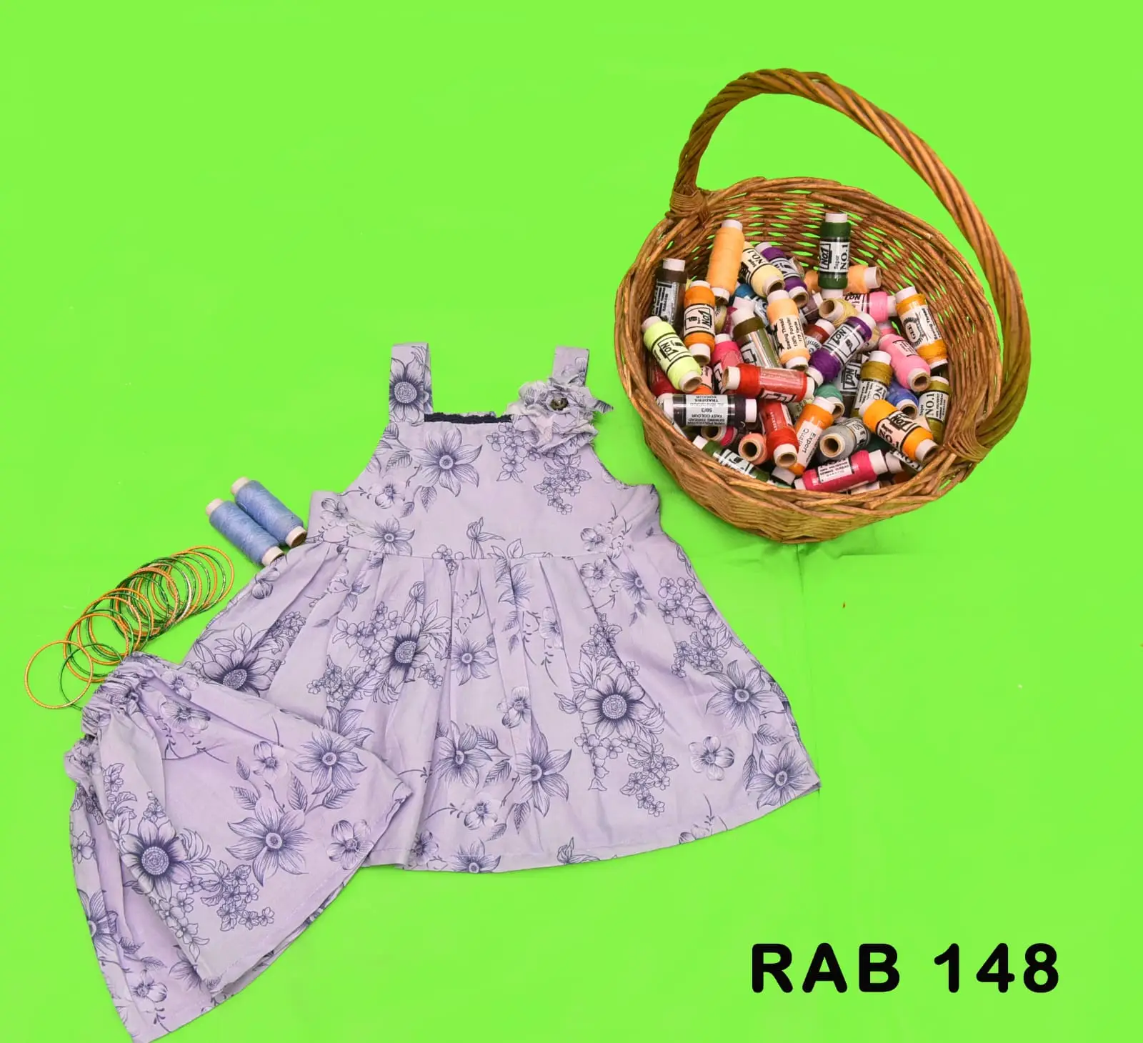 Girls' Lavender Floral Lawn Frock & Trouser Set with 3D Flower Detail – RAB 148