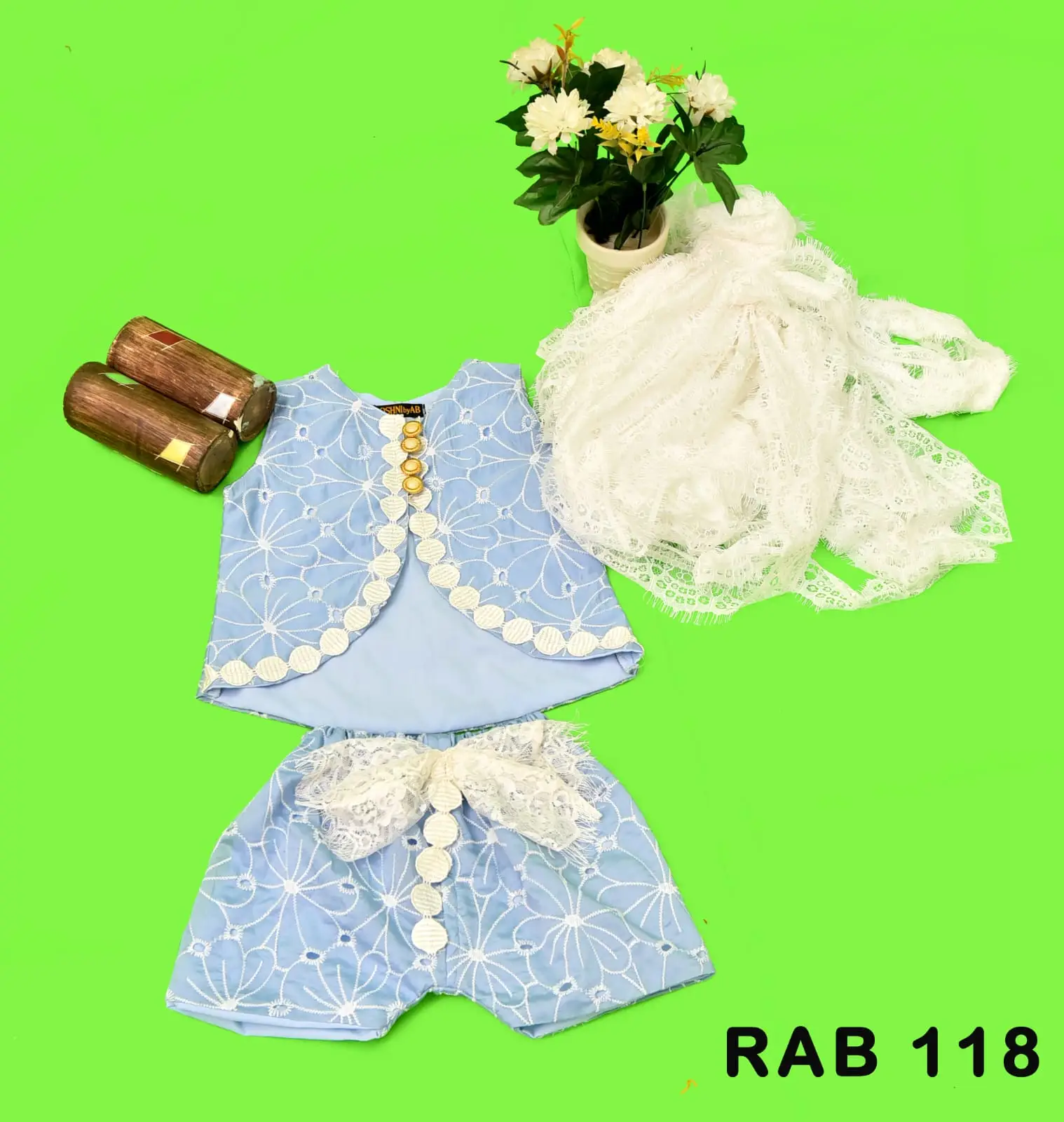 Girls' Sky Blue Embroidered Top & Shorts Set with Statement Lace Bows – RAB 118