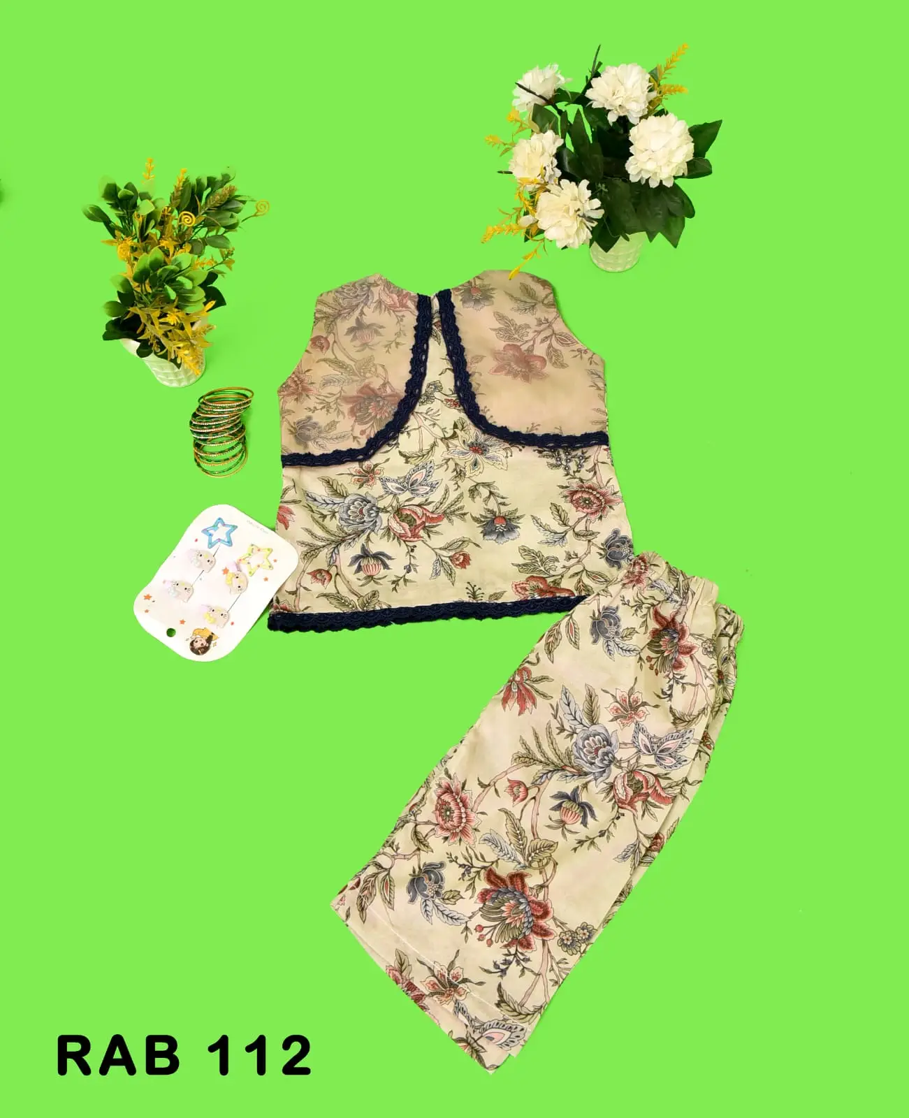 Girls' Earthy Brown Floral Frock & Trouser Set with Contrast Waistcoat Detail – RAB 112