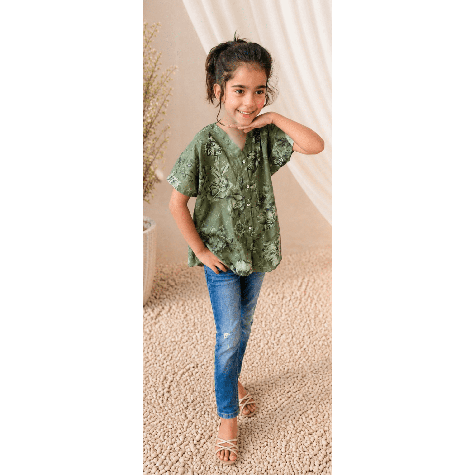 Girls' Sage Green Artistic Floral Print Tunic Top with Relaxed Fit – RAB 185 - Image 2