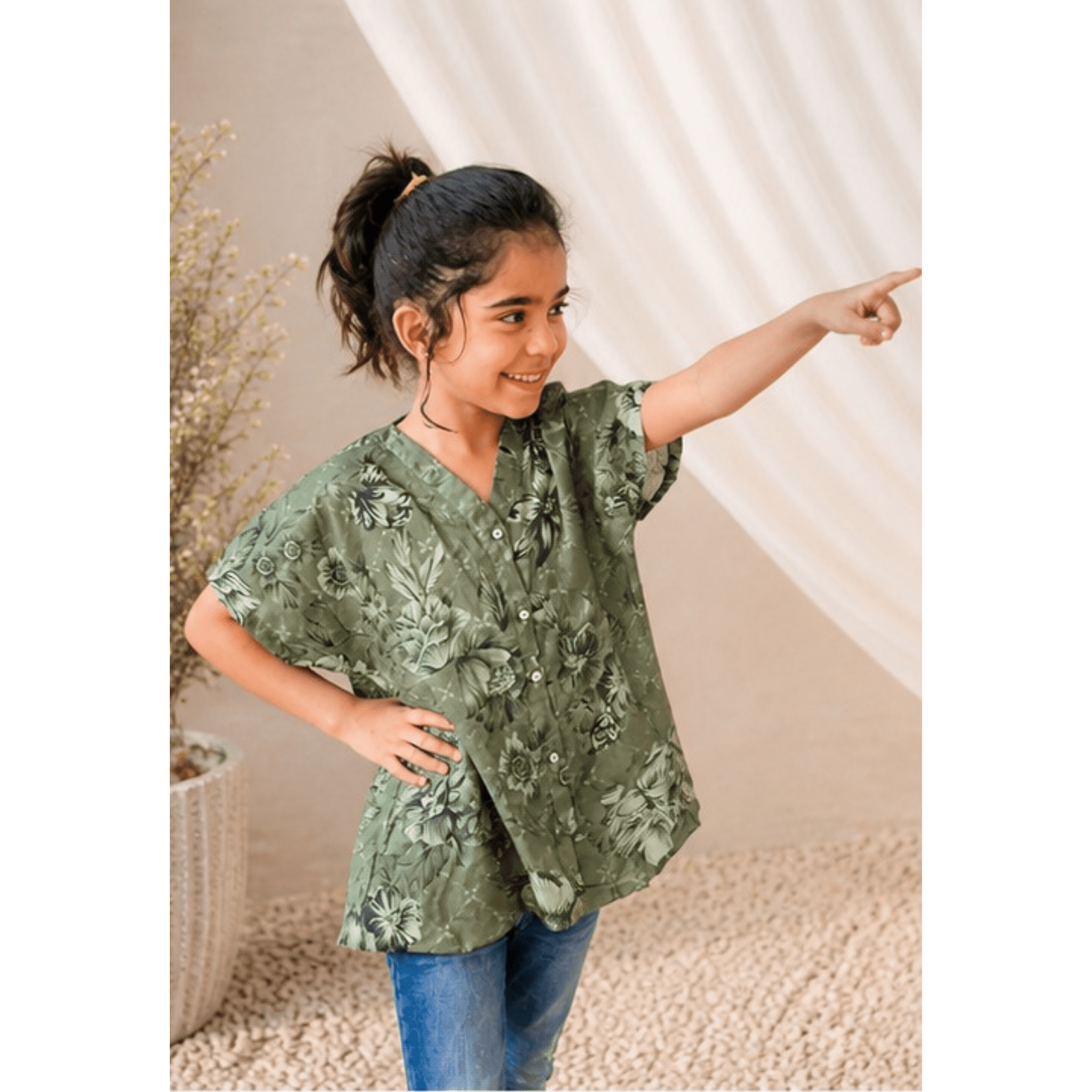 Girls' Sage Green Artistic Floral Print Tunic Top with Relaxed Fit – RAB 185