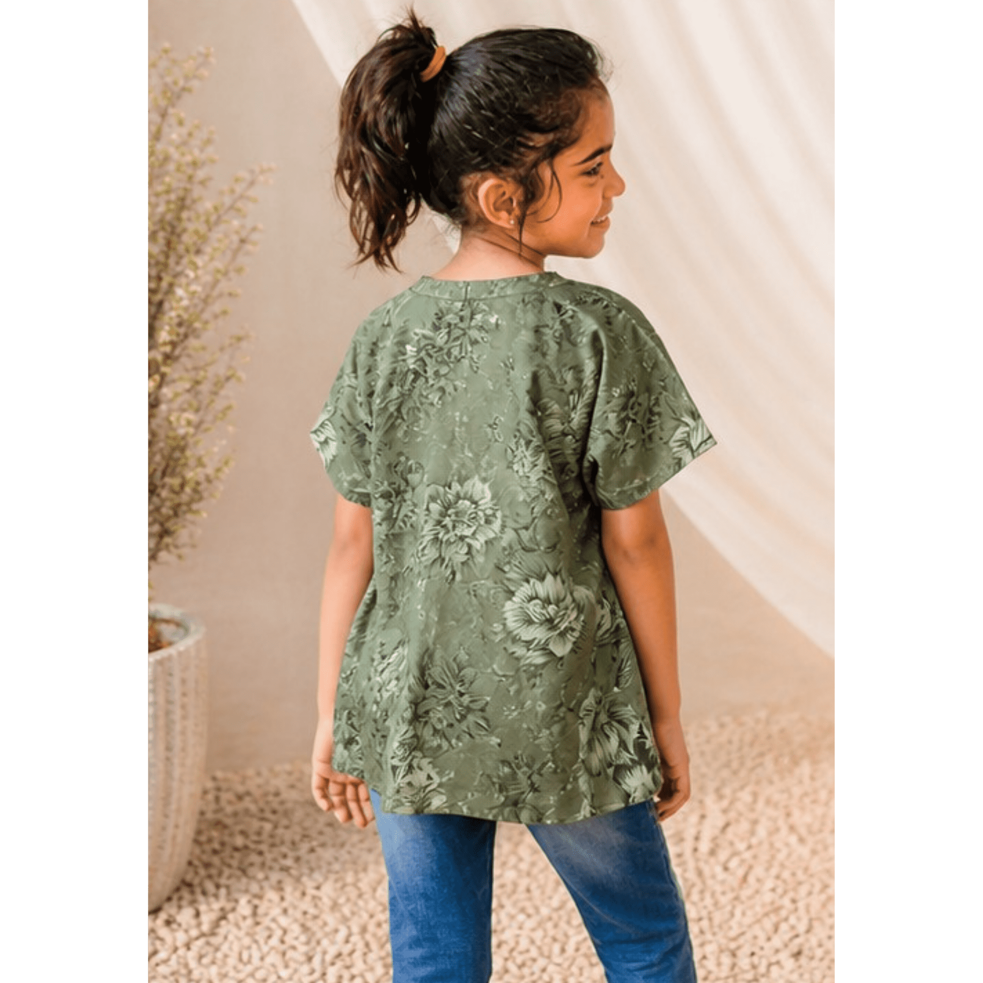 Girls' Sage Green Artistic Floral Print Tunic Top with Relaxed Fit – RAB 185 - Image 3