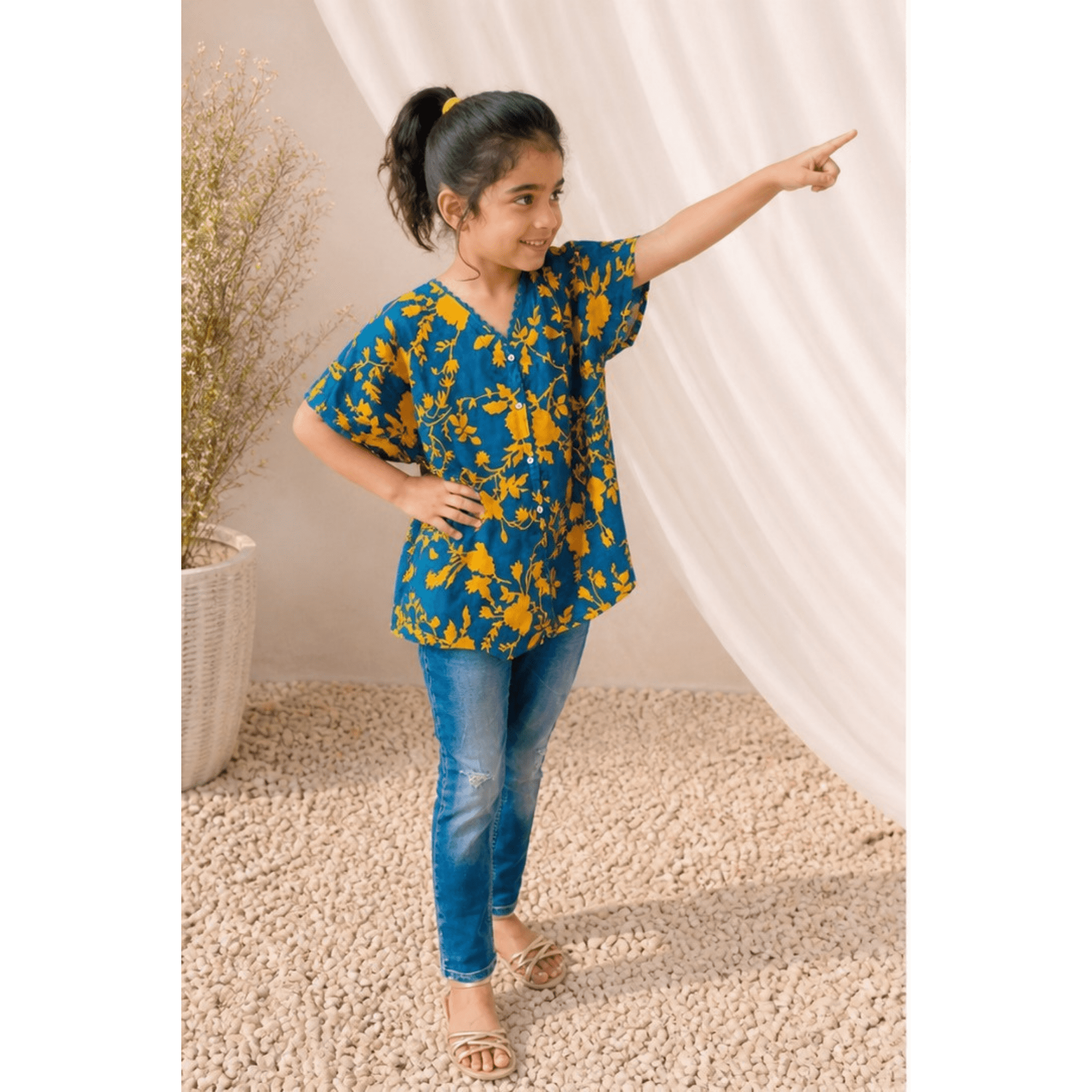 Girls' Teal Blue & Mustard Yellow Floral Tunic Top with Scalloped Neckline – RAB 190