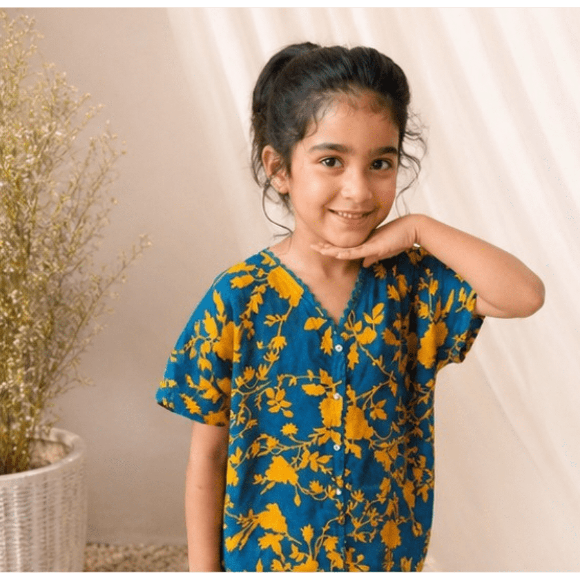 Girls' Teal Blue & Mustard Yellow Floral Tunic Top with Scalloped Neckline – RAB 190 - Image 2