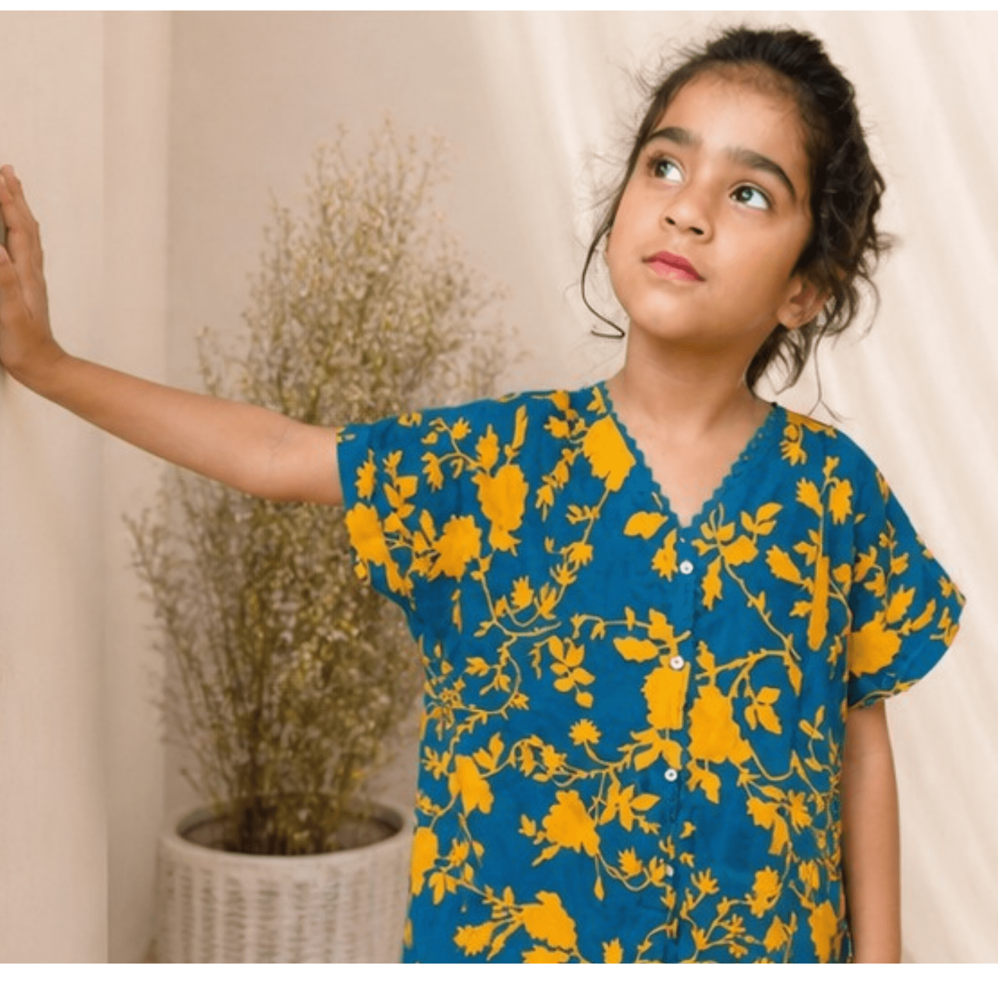 Girls' Teal Blue & Mustard Yellow Floral Tunic Top with Scalloped Neckline – RAB 190 - Image 3