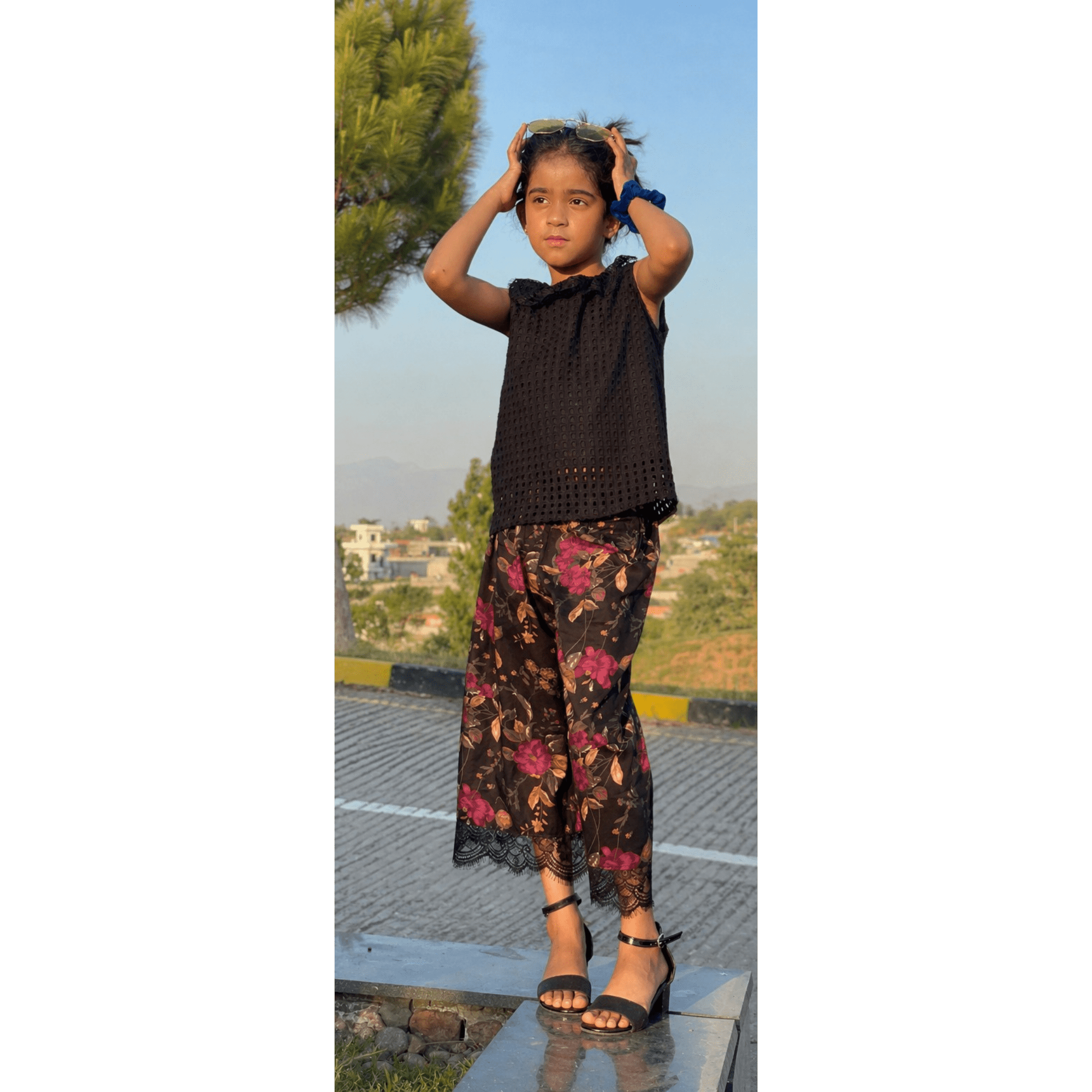 Girls' Sophisticated Black Chikan Kari Top & Floral Lawn Trouser Set with Milky Lace – RAB 160
