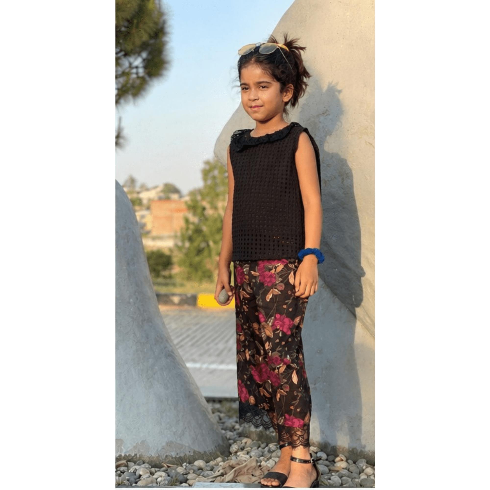 Girls' Sophisticated Black Chikan Kari Top & Floral Lawn Trouser Set with Milky Lace – RAB 160 - Image 2