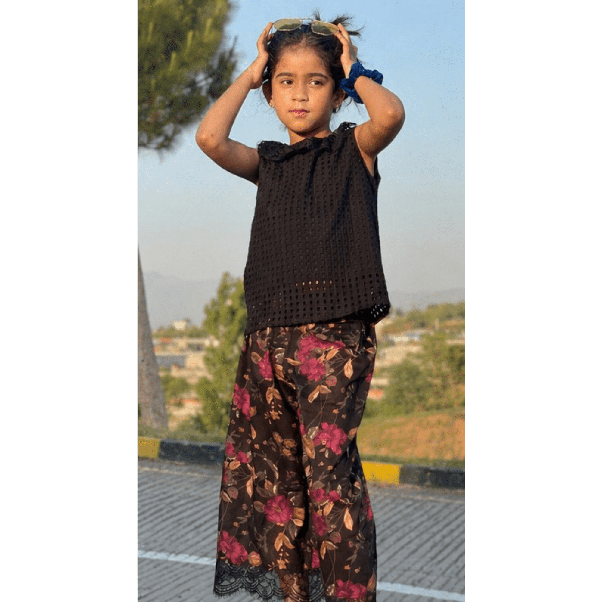 Girls' Sophisticated Black Chikan Kari Top & Floral Lawn Trouser Set with Milky Lace – RAB 160 - Image 3
