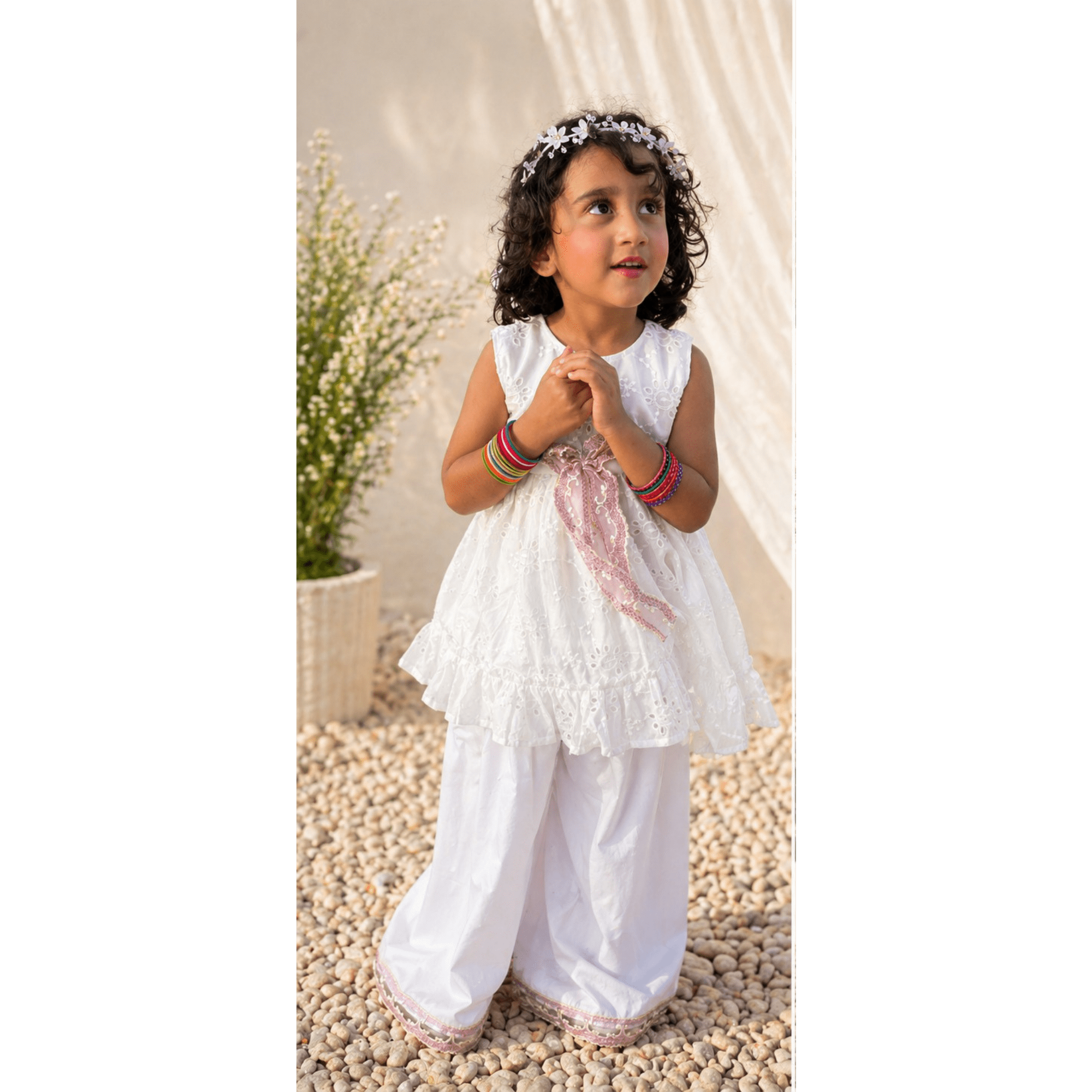 Girls' Pure White Chikan Silk Frock & Lawn Trouser Set with Pink Organza Sash – RAB 165