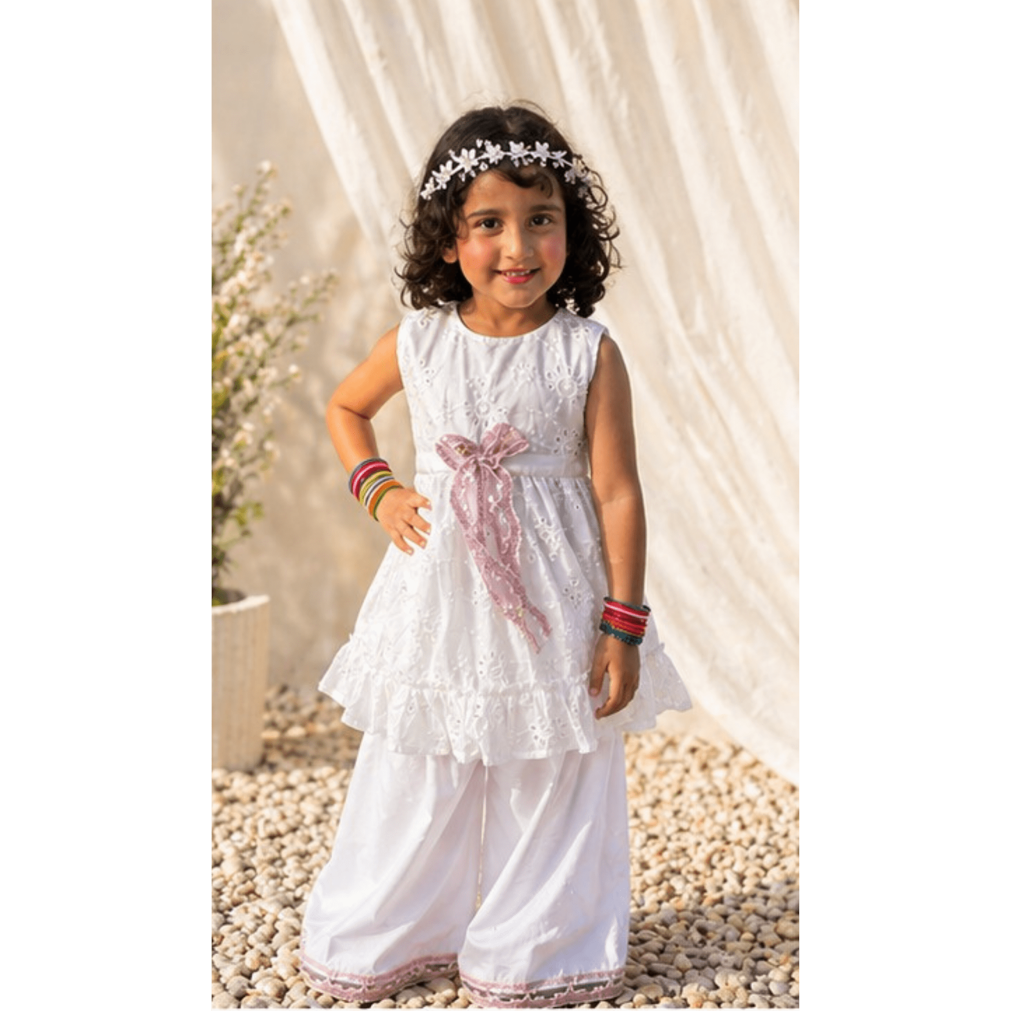 Girls' Pure White Chikan Silk Frock & Lawn Trouser Set with Pink Organza Sash – RAB 165 - Image 2