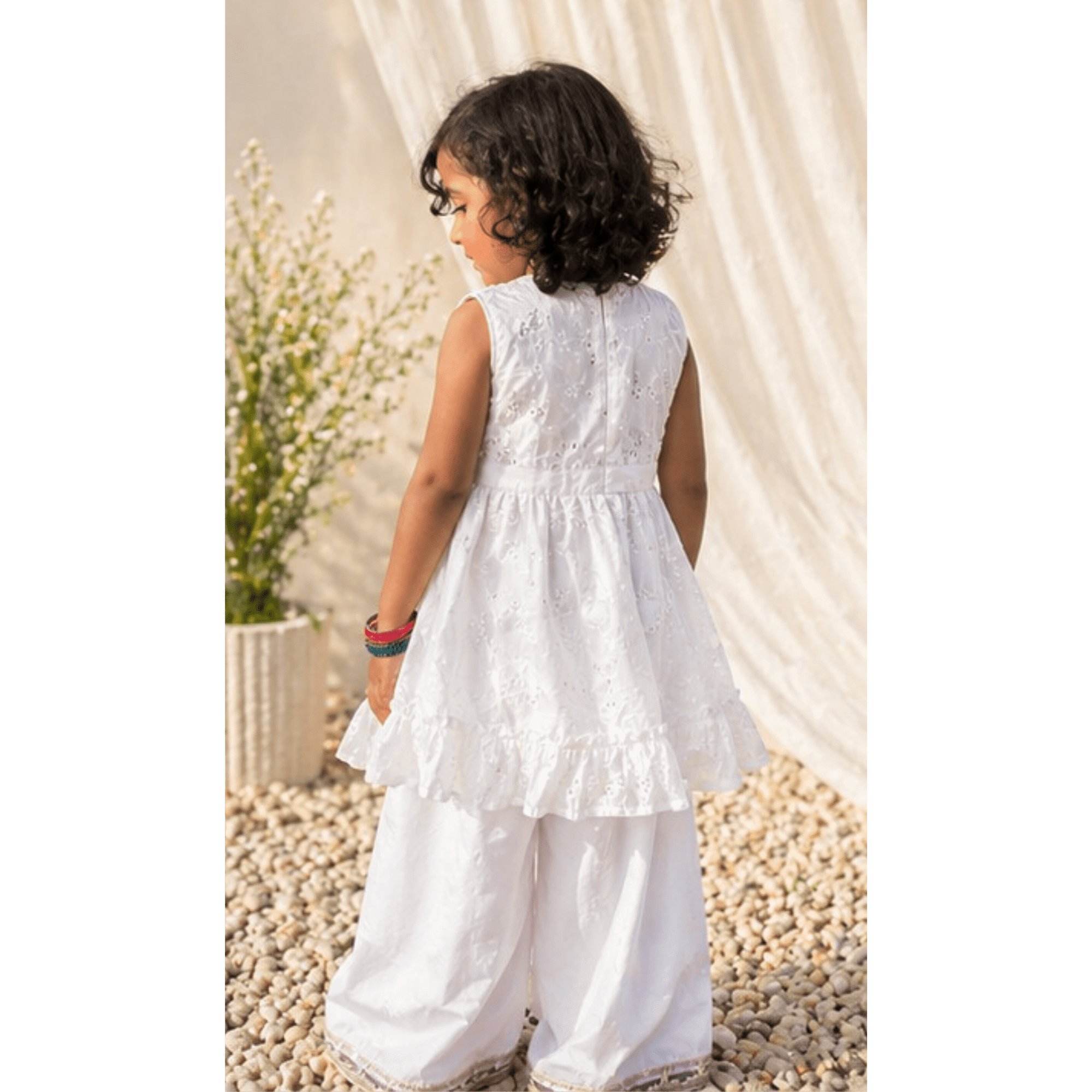 Girls' Pure White Chikan Silk Frock & Lawn Trouser Set with Pink Organza Sash – RAB 165 - Image 3