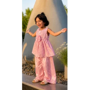 Girls' Candy Pink Chikan Silk Festive Frock & Trouser Set – RAB 168