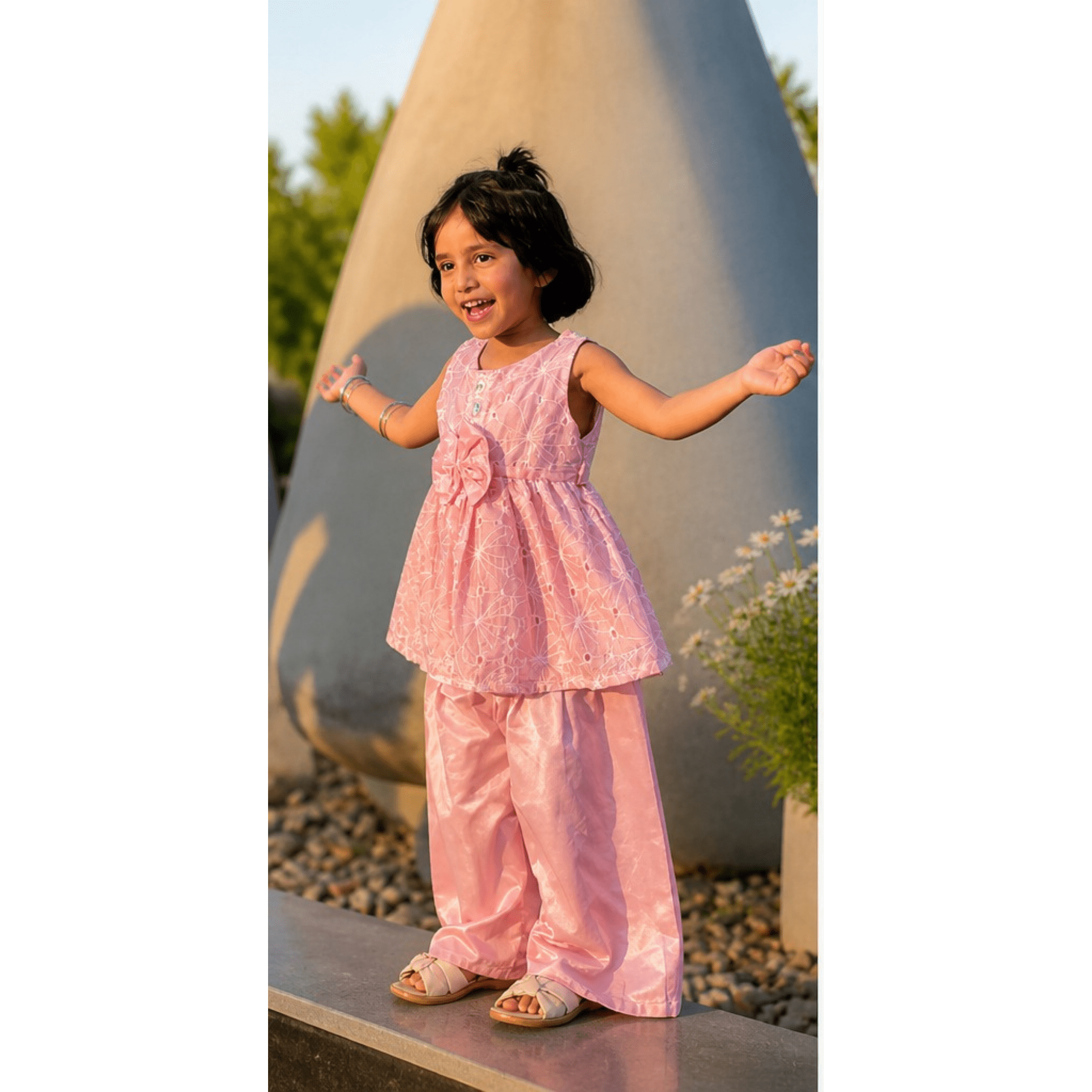 Girls' Candy Pink Chikan Silk Festive Frock & Trouser Set – RAB 168