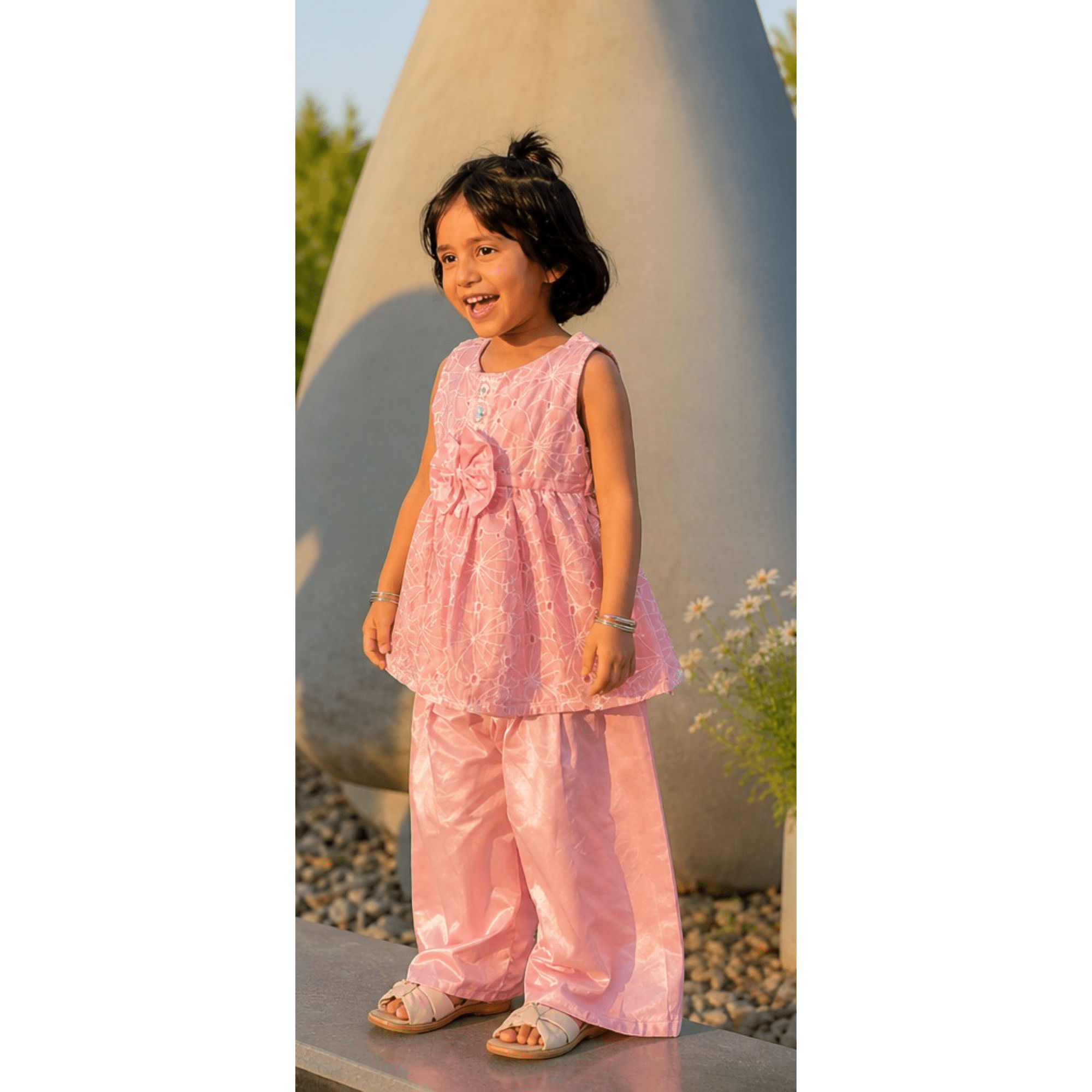 Girls' Candy Pink Chikan Silk Festive Frock & Trouser Set – RAB 168 - Image 2