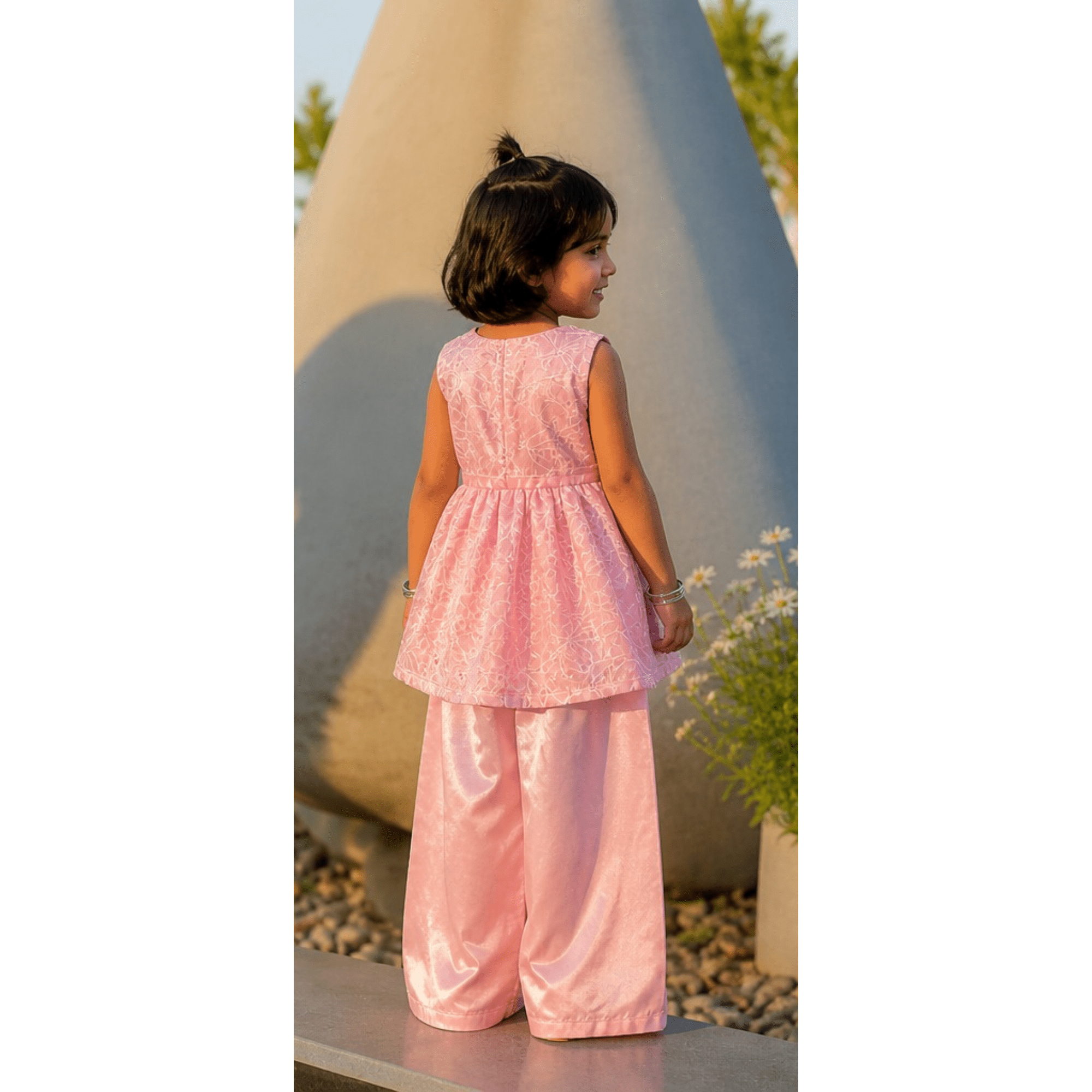 Girls' Candy Pink Chikan Silk Festive Frock & Trouser Set – RAB 168 - Image 3
