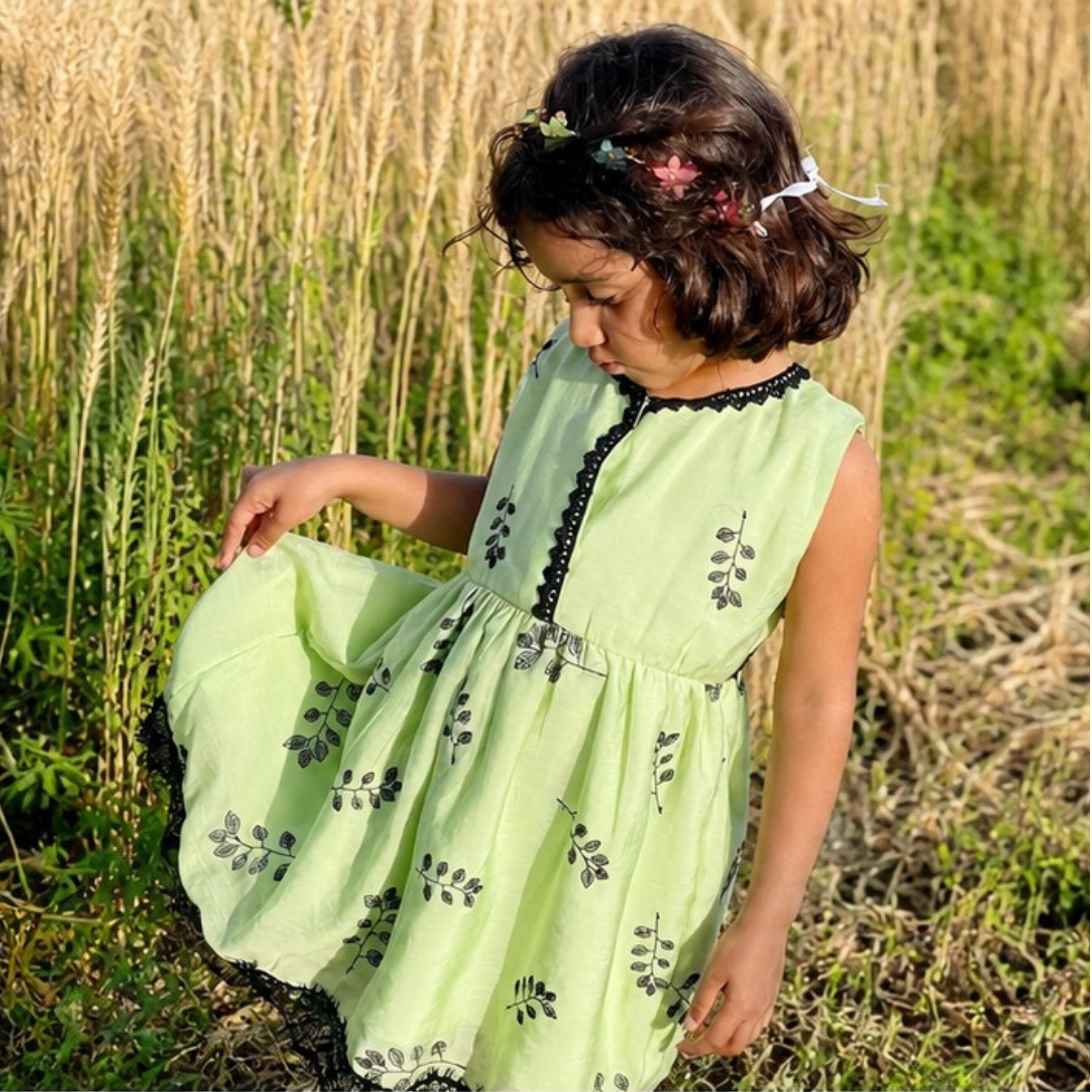 Girls' Mint Green Cotton Silk Floral Frock with Contrast Black Lace Trim – RAB 172 - Image 2