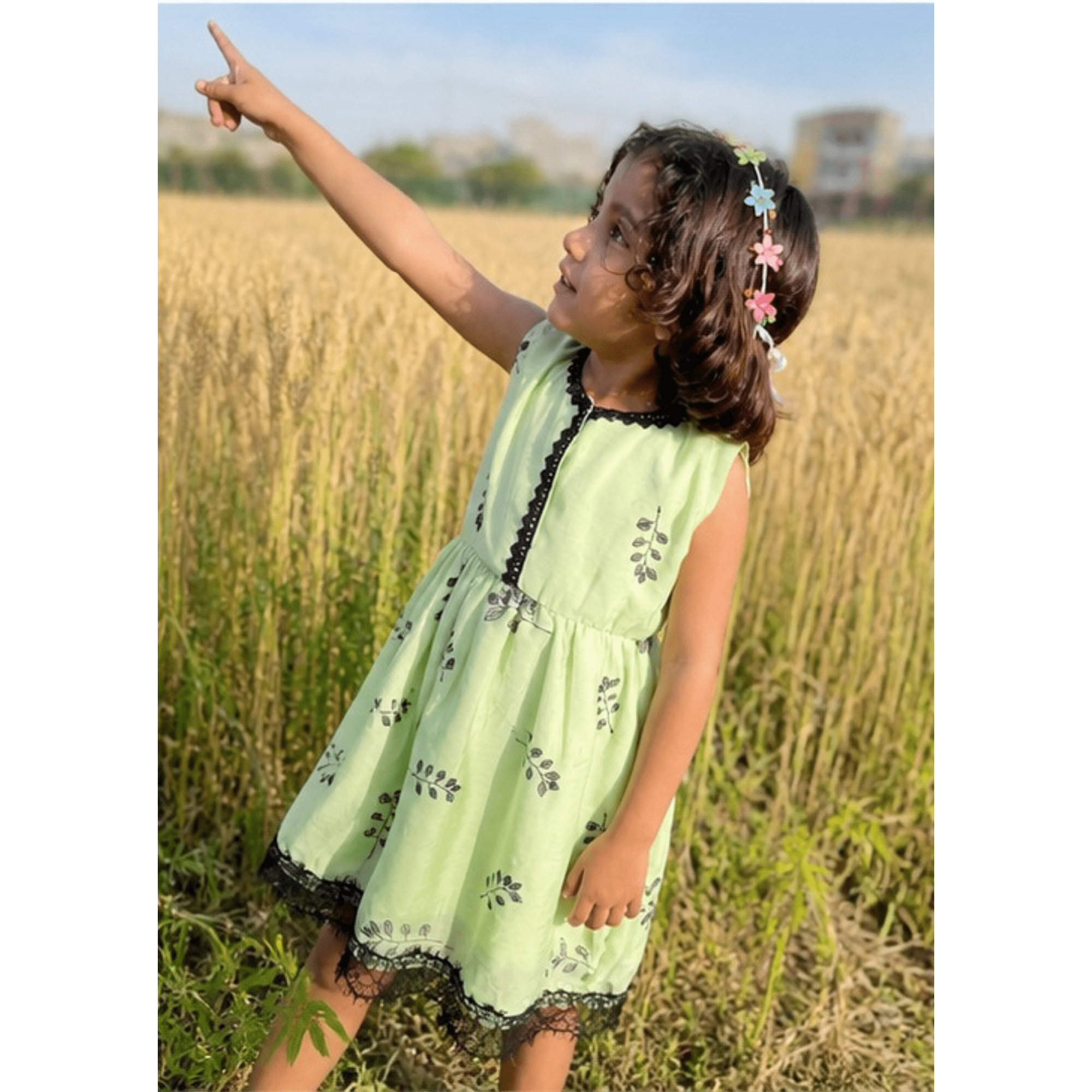 Girls' Mint Green Cotton Silk Floral Frock with Contrast Black Lace Trim – RAB 172