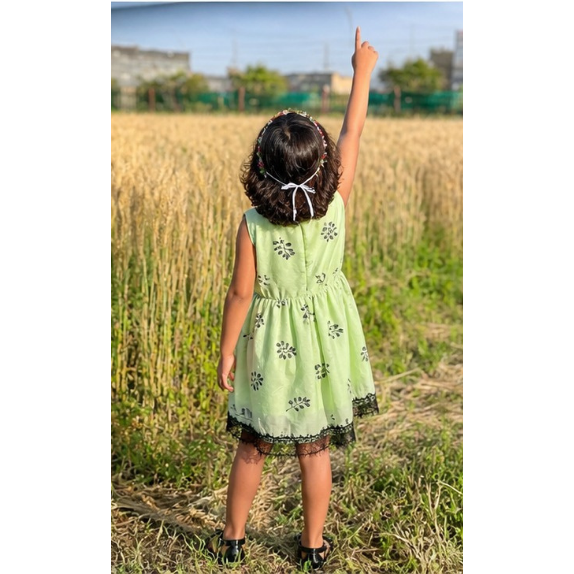 Girls' Mint Green Cotton Silk Floral Frock with Contrast Black Lace Trim – RAB 172 - Image 3