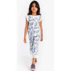 Girls' Airy Blue Floral Summer Georgette Tunic & Trouser Set with Ruffle Accents – RAB 175