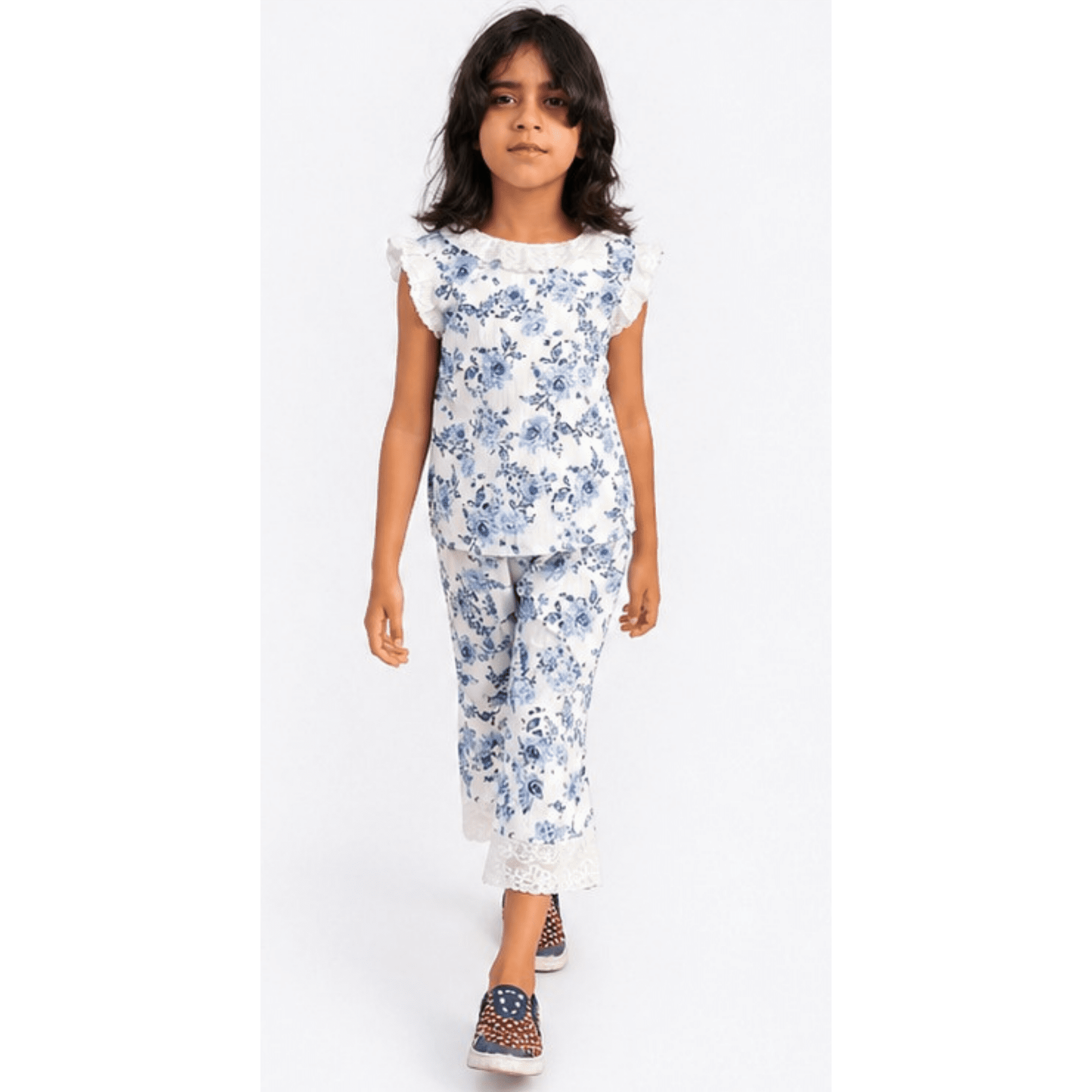 Girls' Airy Blue Floral Summer Georgette Tunic & Trouser Set with Ruffle Accents – RAB 175