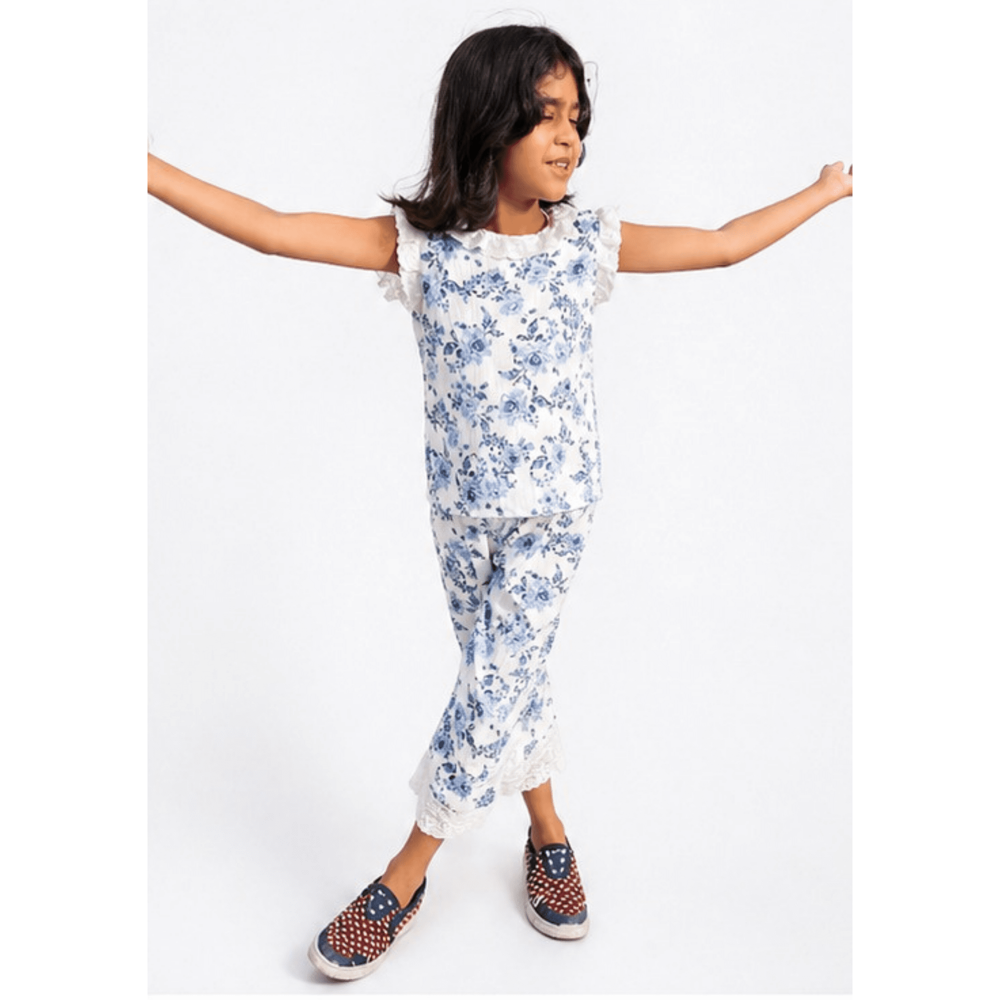 Girls' Airy Blue Floral Summer Georgette Tunic & Trouser Set with Ruffle Accents – RAB 175 - Image 3