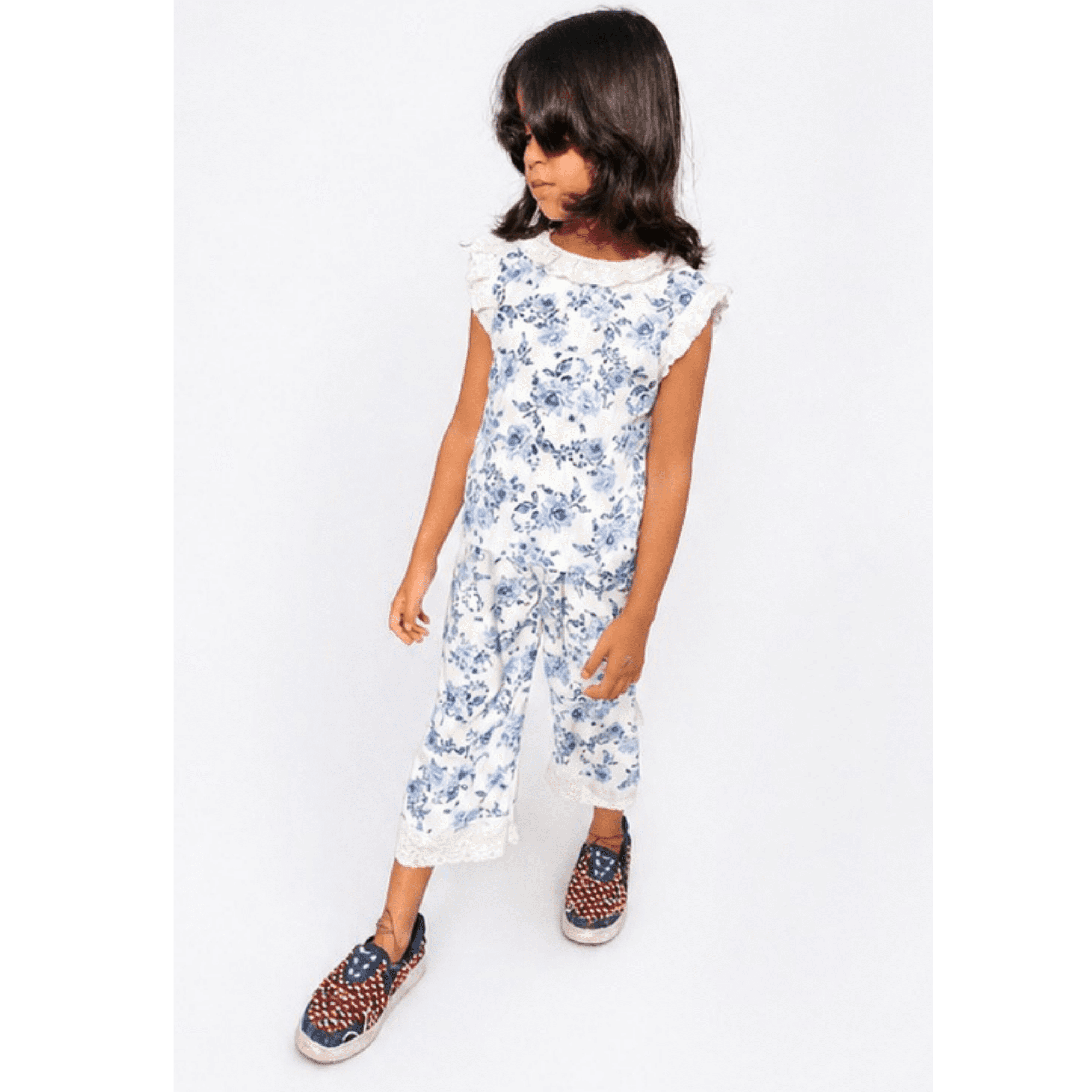 Girls' Airy Blue Floral Summer Georgette Tunic & Trouser Set with Ruffle Accents – RAB 175 - Image 2