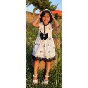 Girls' Elegant White Cotton Silk Frock with Black Floral Embroidery & Lace Trim – RAB 180