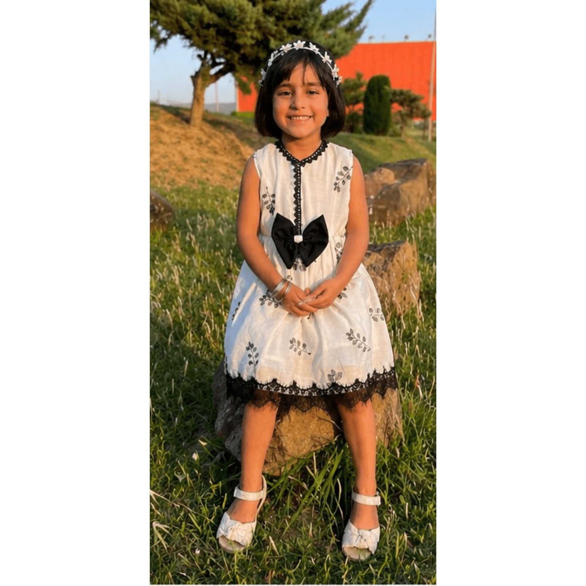 Girls' Elegant White Cotton Silk Frock with Black Floral Embroidery & Lace Trim – RAB 180 - Image 2
